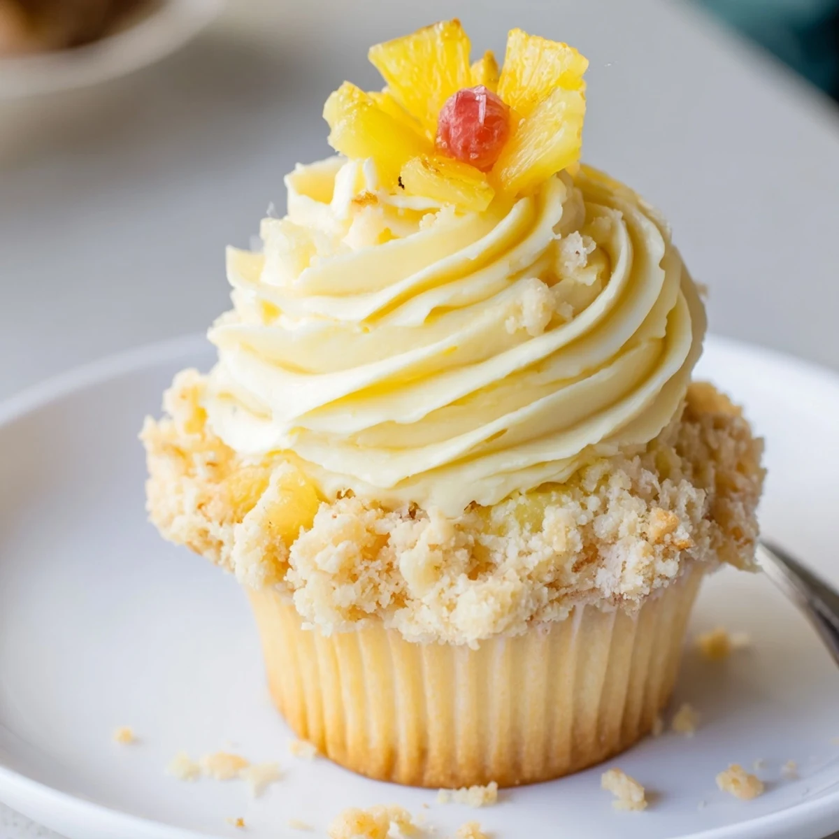 Summer party plate of Dole Whip Cupcakes Recipe garnished with dried pineapple