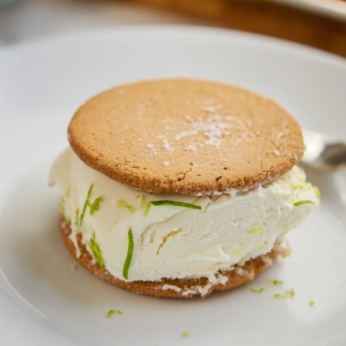 Homemade Key Lime Pie Ice Cream Sandwiches chilled, creamy, served with crushed graham edges