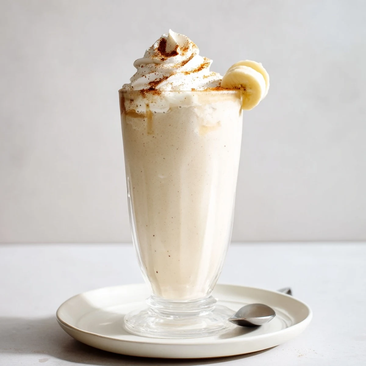 Frosty Vanilla Banana Shake blended with maple, served morning or snack  