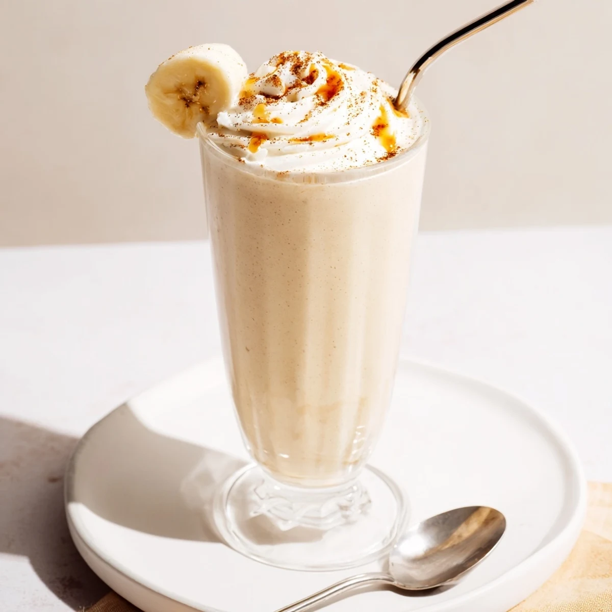 Creamy Vanilla Banana Shake in chilled glass topped with whipped cream  