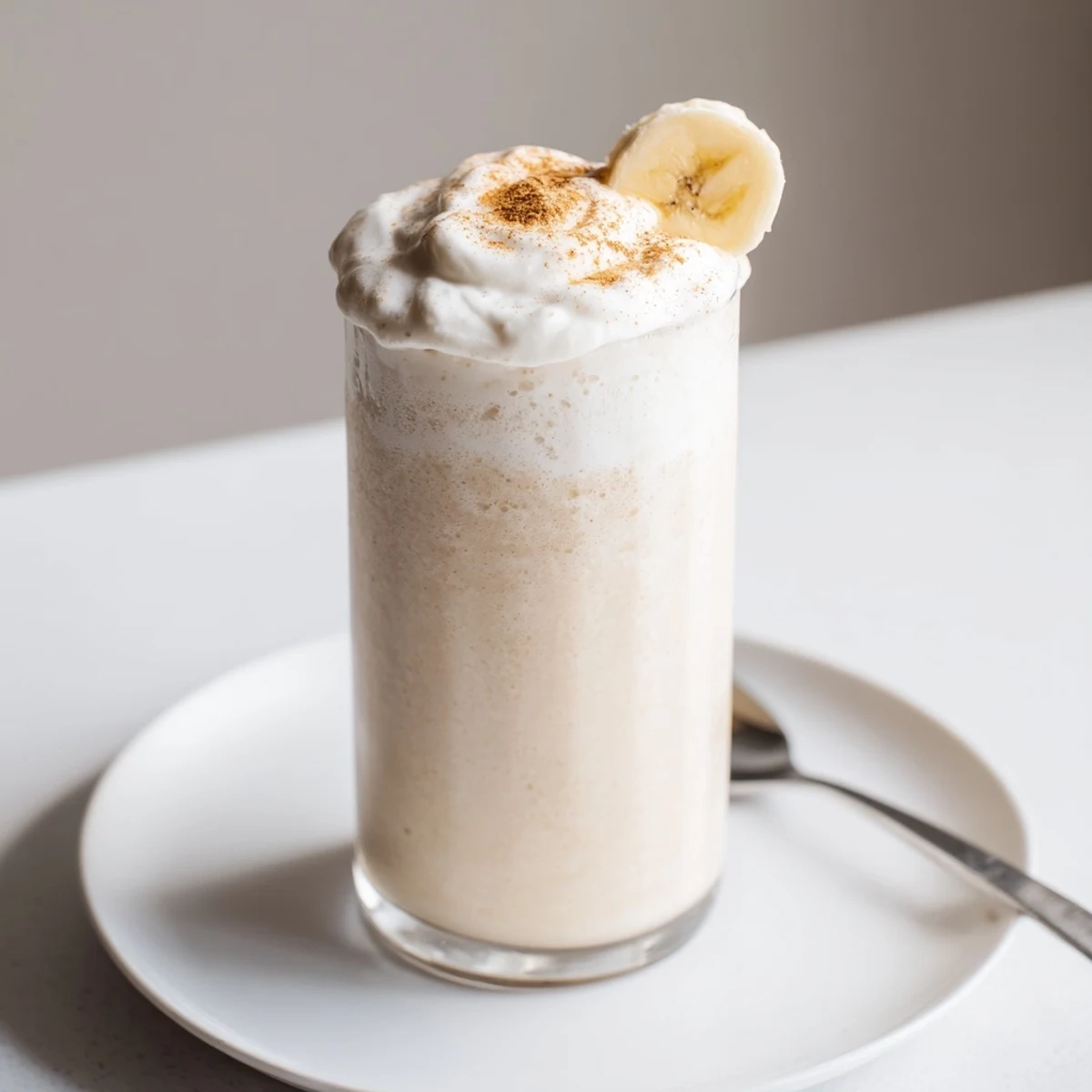 Thick Vanilla Banana Shake showing banana slices and cinnamon sprinkle garnish