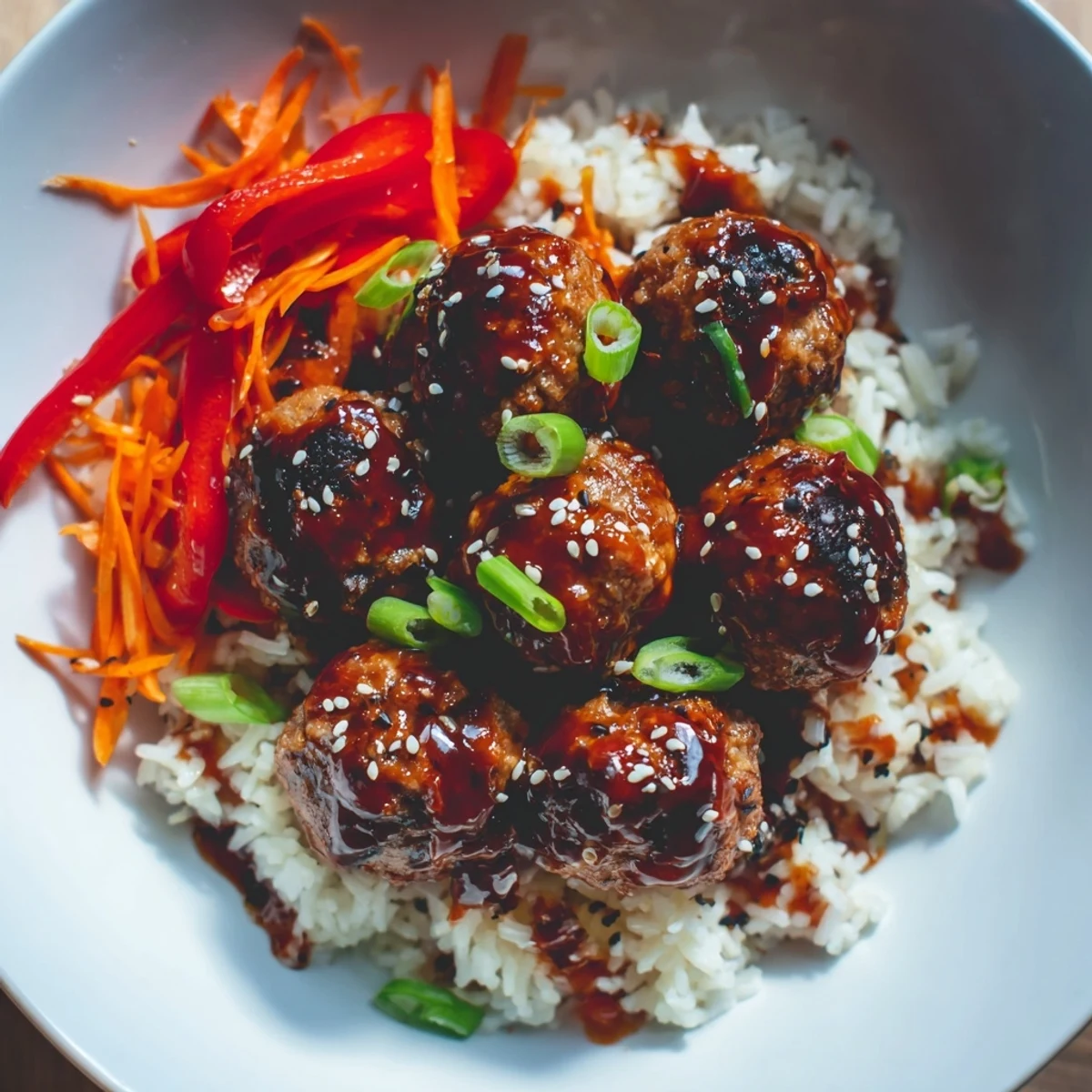Hello Fresh Firecracker Meatballs glazed in sticky red sauce over fluffy jasmine rice