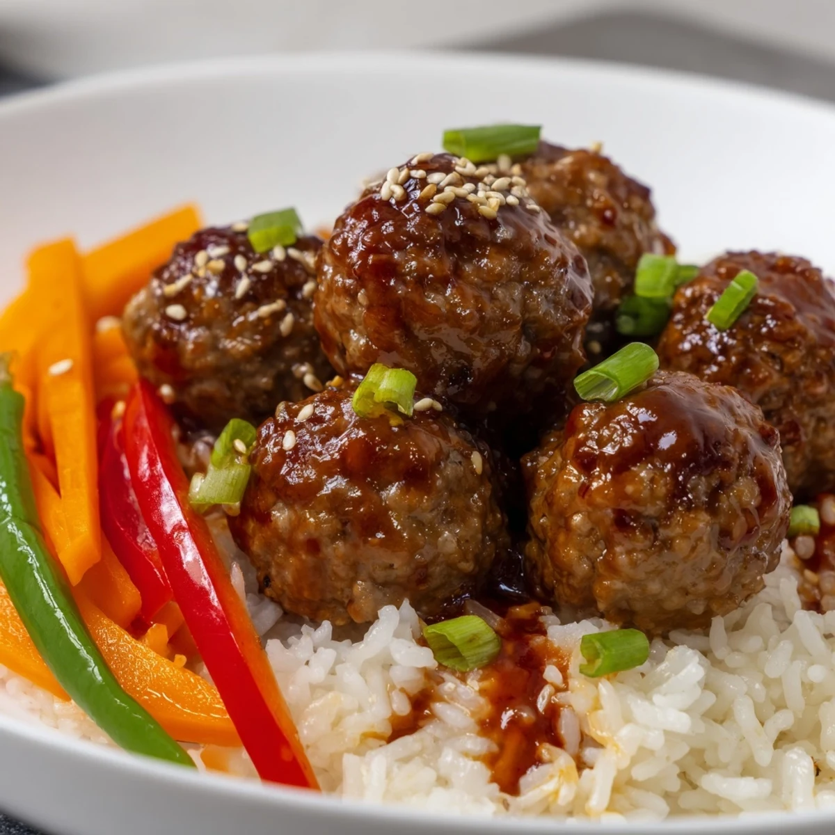 Sizzling Hello Fresh Firecracker Meatballs tossed with sesame and scallions, plated with vegetables