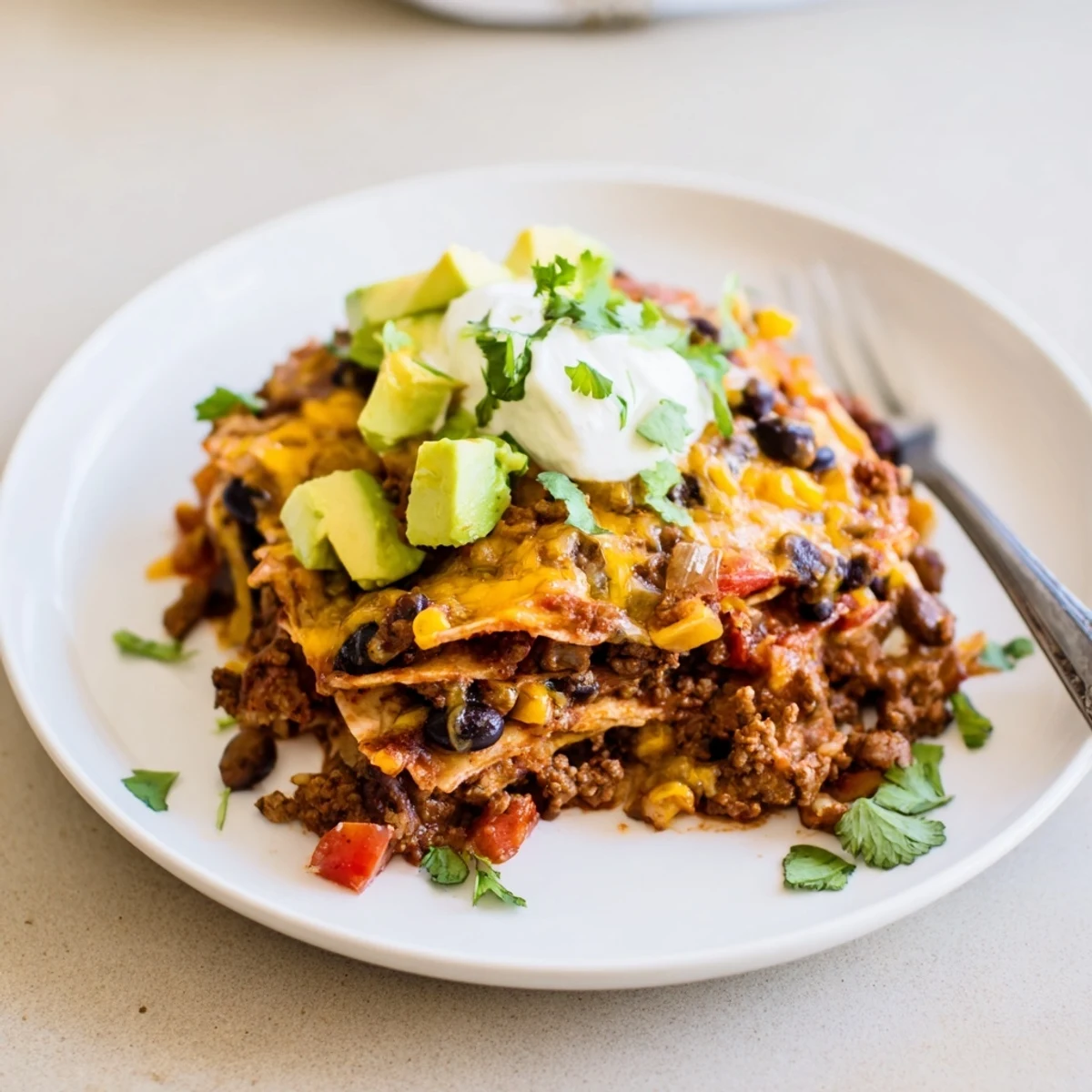Warm Beef Skillet Enchiladas topped with cilantro, sour cream, and creamy avocado