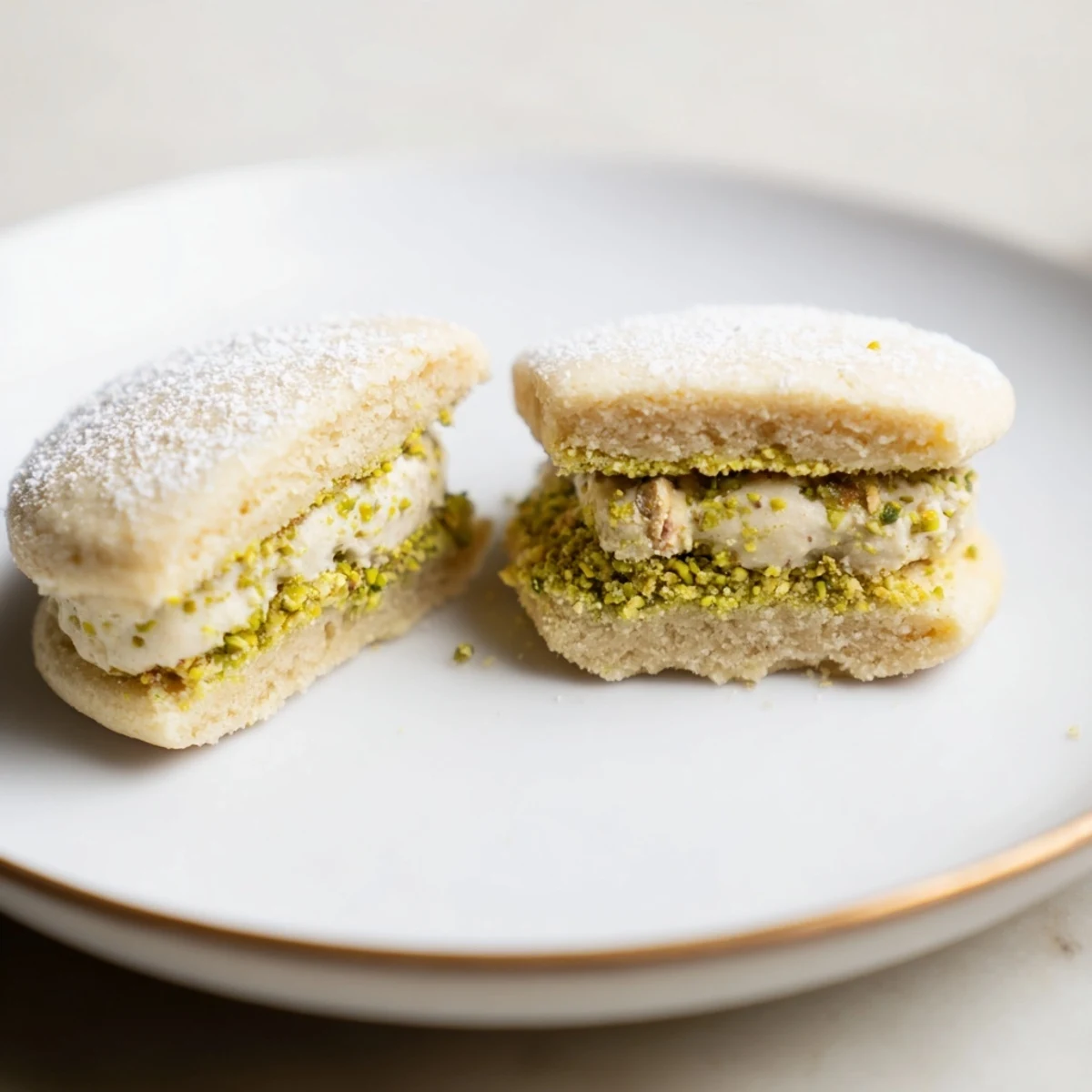 Warm Pistachio Cream Cookies Recipe on a plate, tender centers and crushed pistachios.