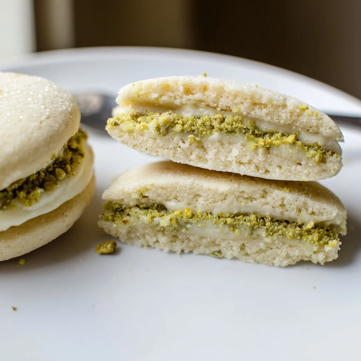 Fresh-baked Pistachio Cream Cookies Recipe stacked beside teacup, buttery scent and crumbs.