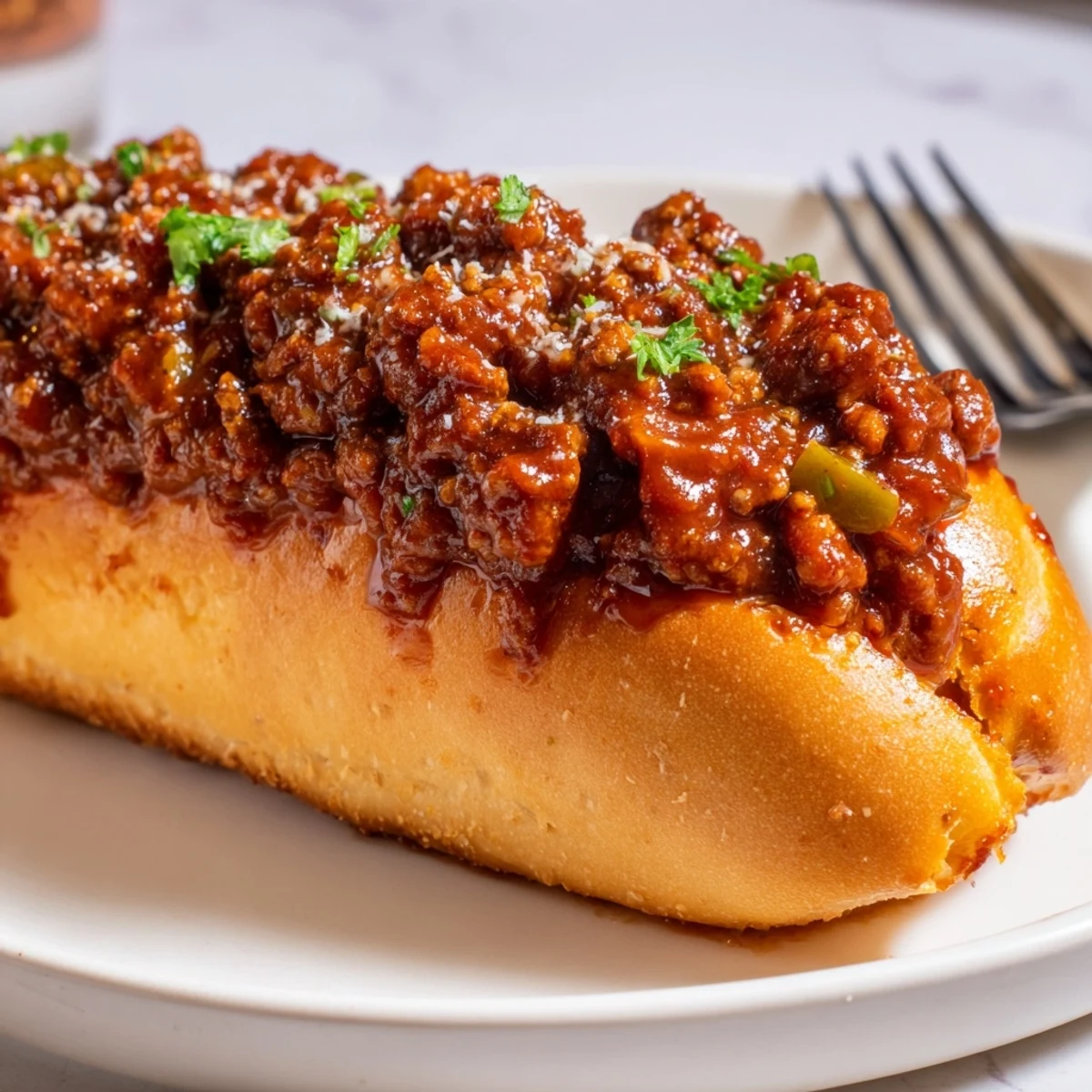 Family-sized Garlic Bread Sloppy Joes served with crisp coleslaw and pickles