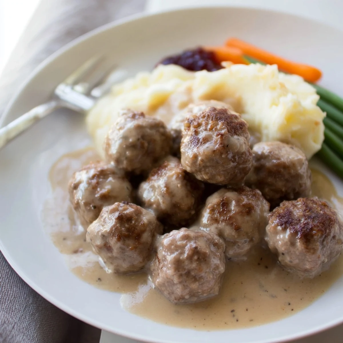 Homemade Ikea Meatballs glazed in creamy gravy, served over mashed potatoes.