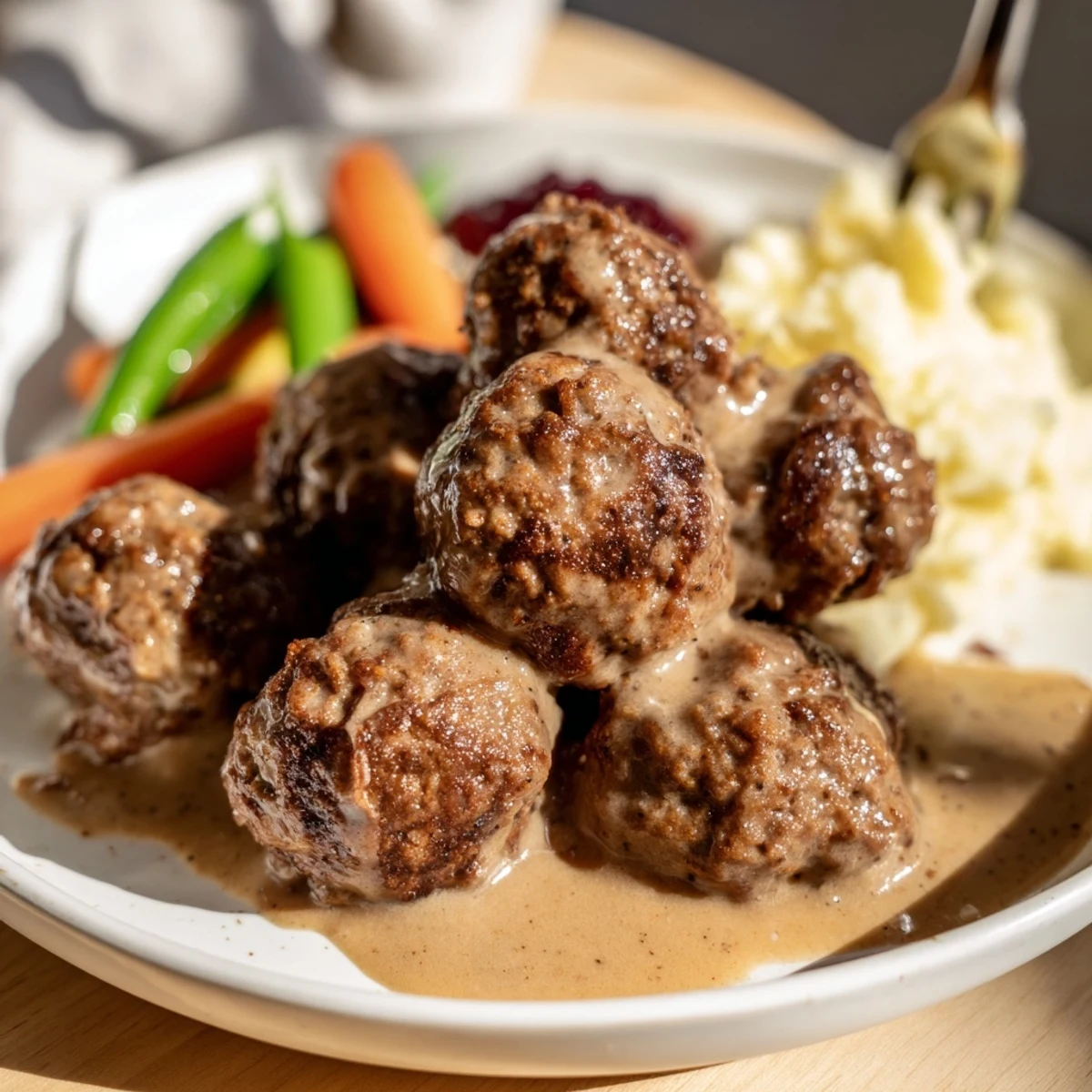 Sizzling Homemade Ikea Meatballs browned in skillet, fragrant with nutmeg and allspice.
