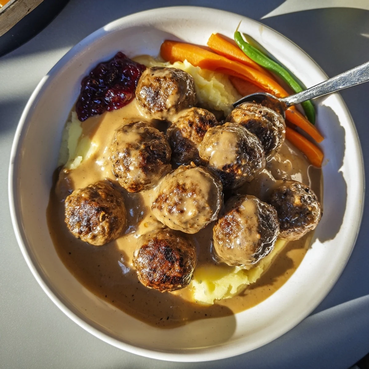 Plate of Homemade Ikea Meatballs topped with lingonberry jam, cozy family-style.