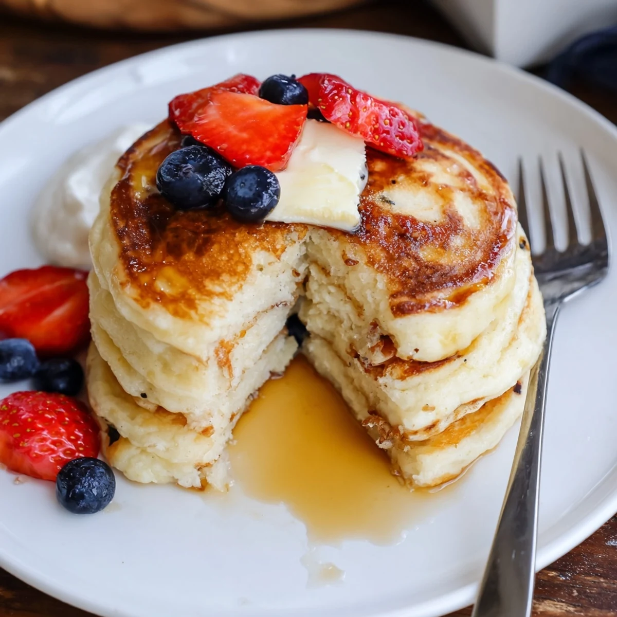 Cottage Cheese Pancakes stacked with berries and warm maple syrup, golden edges.