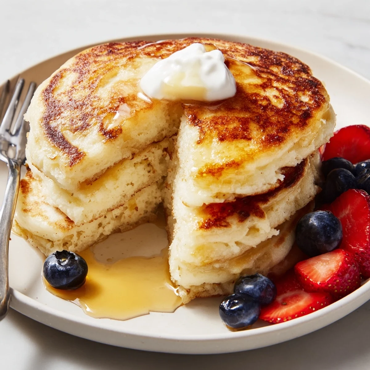 Cottage Cheese Pancakes studded with curds, finished with lemon zest and butter.