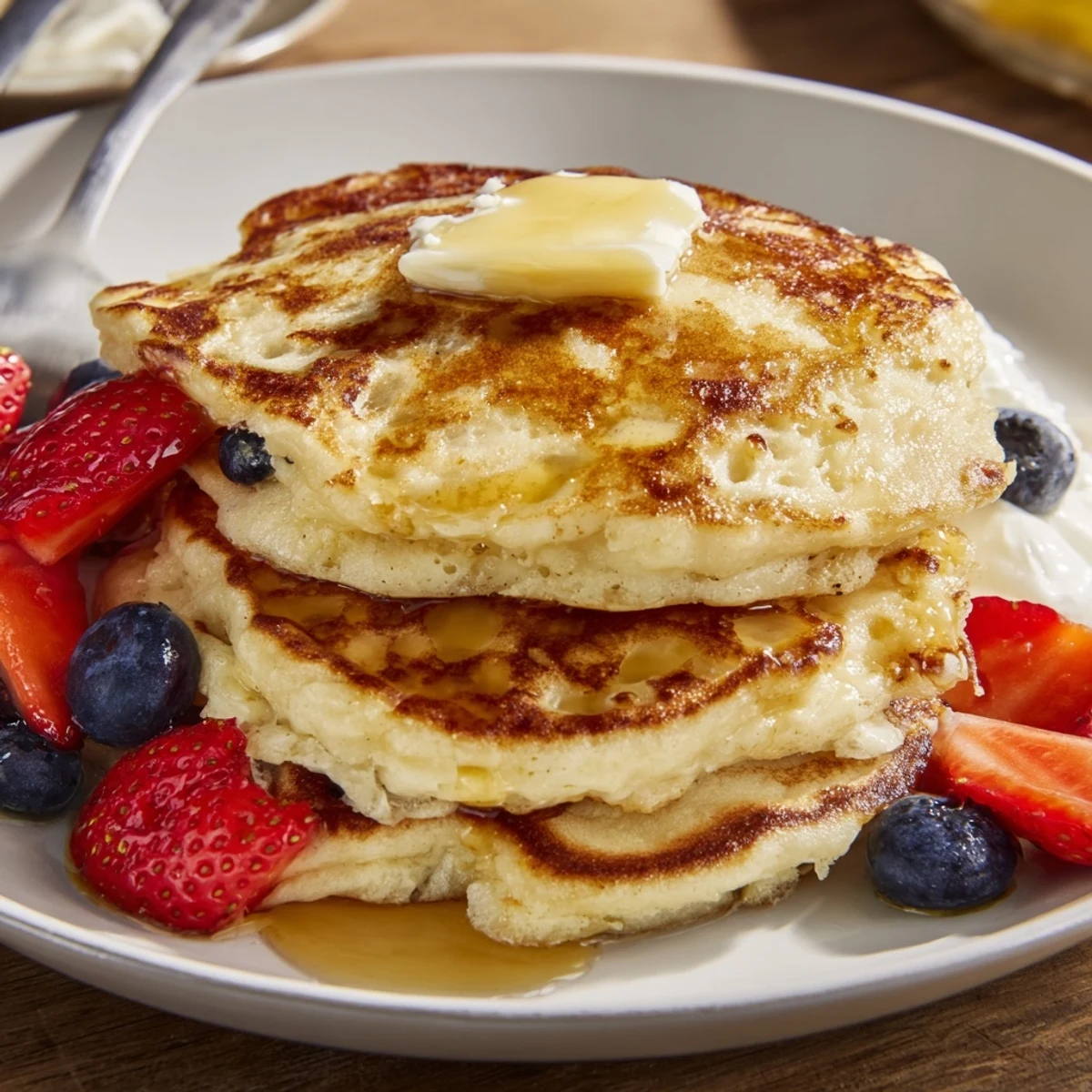 Fluffy Cottage Cheese Pancakes seared on a skillet, served warm with Greek yogurt.