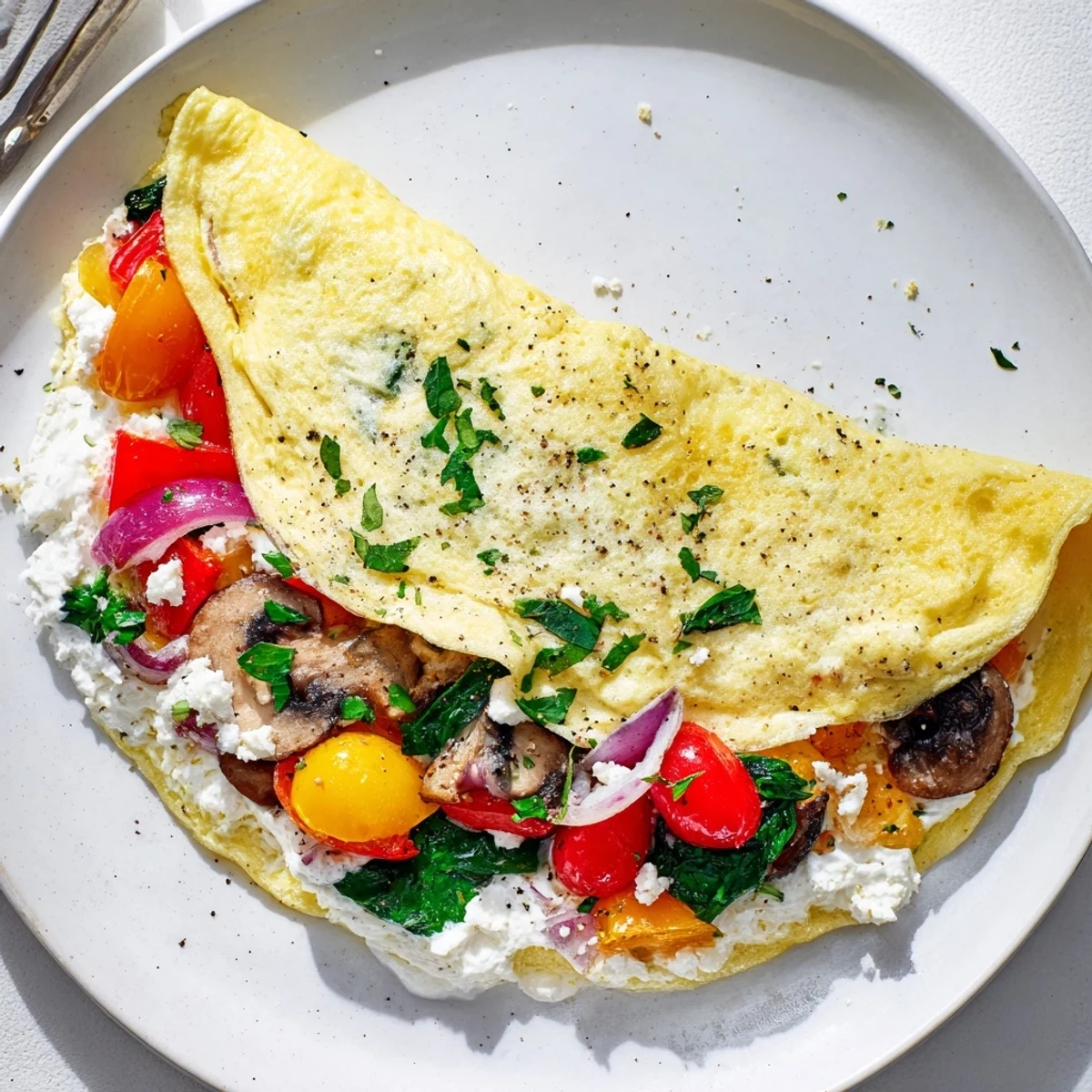 Steaming Egg White Omelette with Vegetables, fluffy folds over sautéed peppers.  