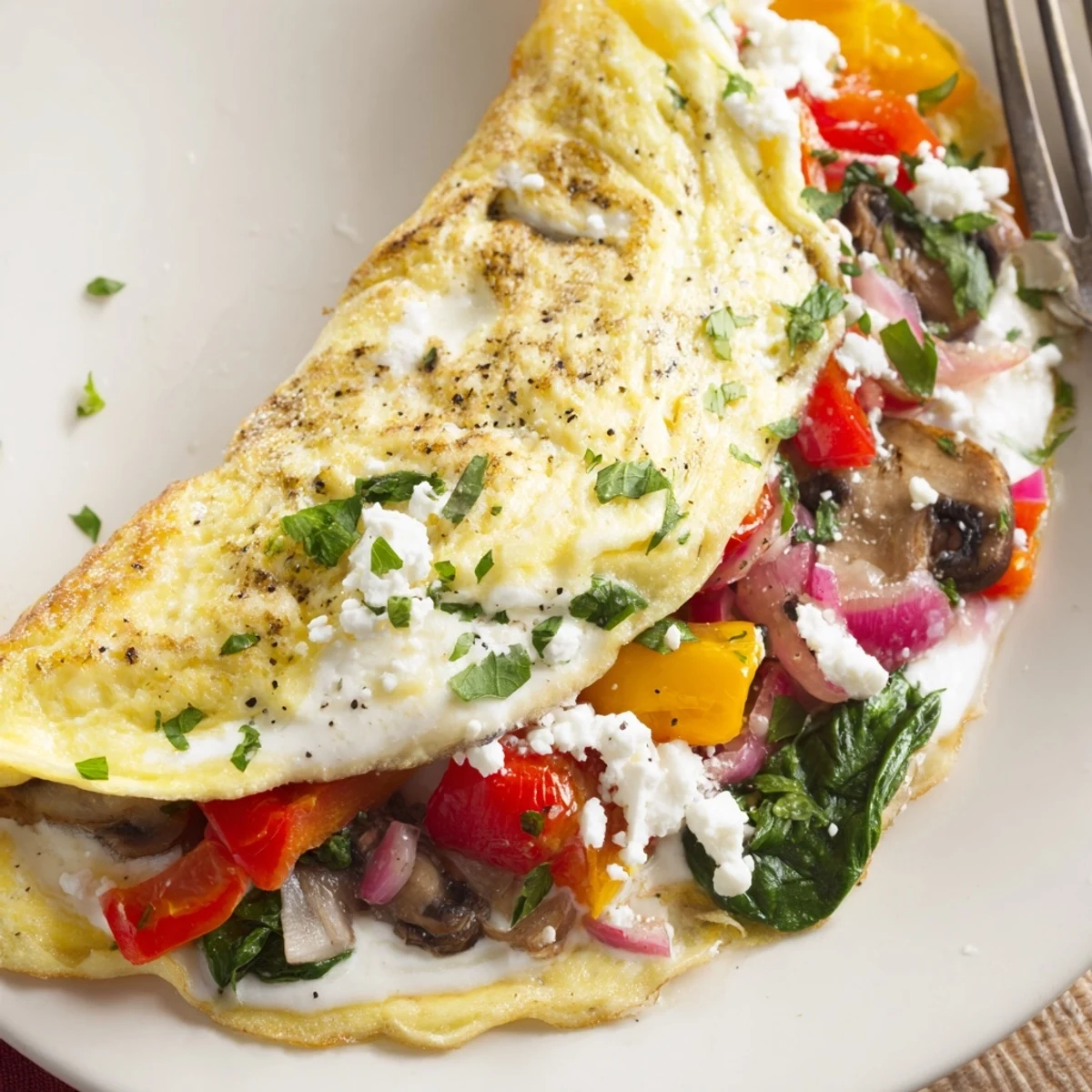 Light Egg White Omelette with Vegetables garnished with crumbled feta and parsley.  