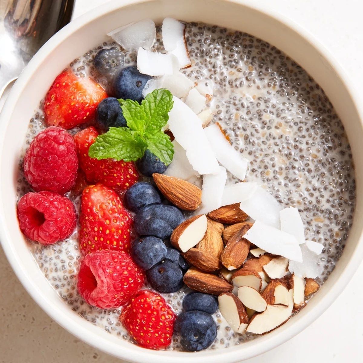 Chia Seed Pudding topped with fresh berries and toasted almonds, creamy