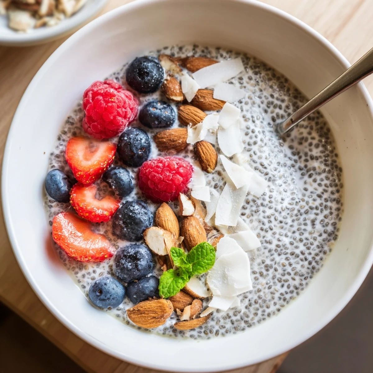 Silky Chia Seed Pudding made with almond milk, maple-sweetened, spoon ready