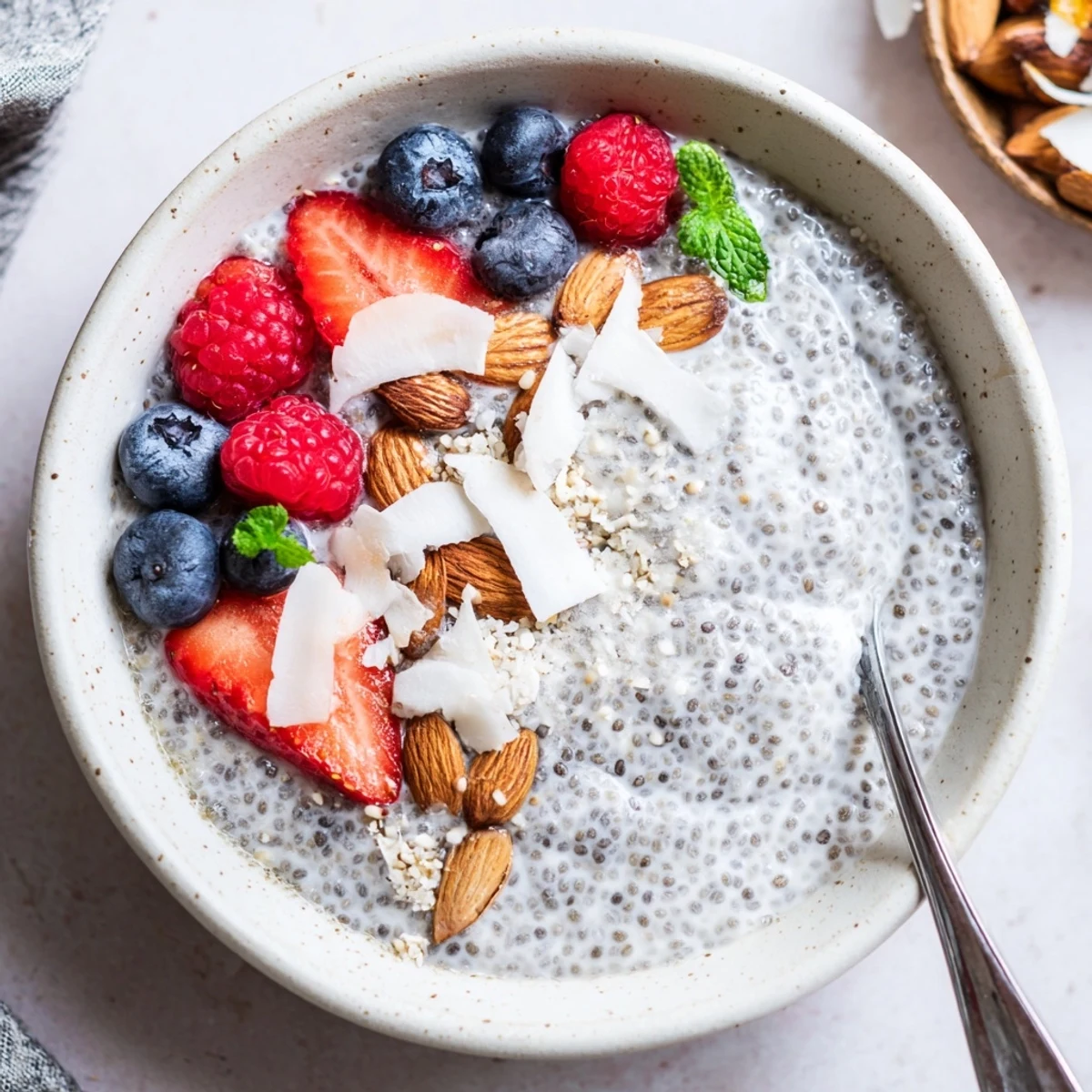 A chilled Chia Seed Pudding in jar garnished with mint and coconut