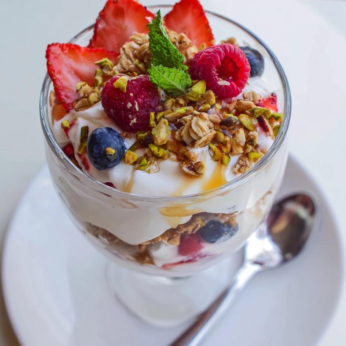 Greek Yogurt Parfait layered with creamy yogurt, ruby berries, honey drizzle, crunchy granola