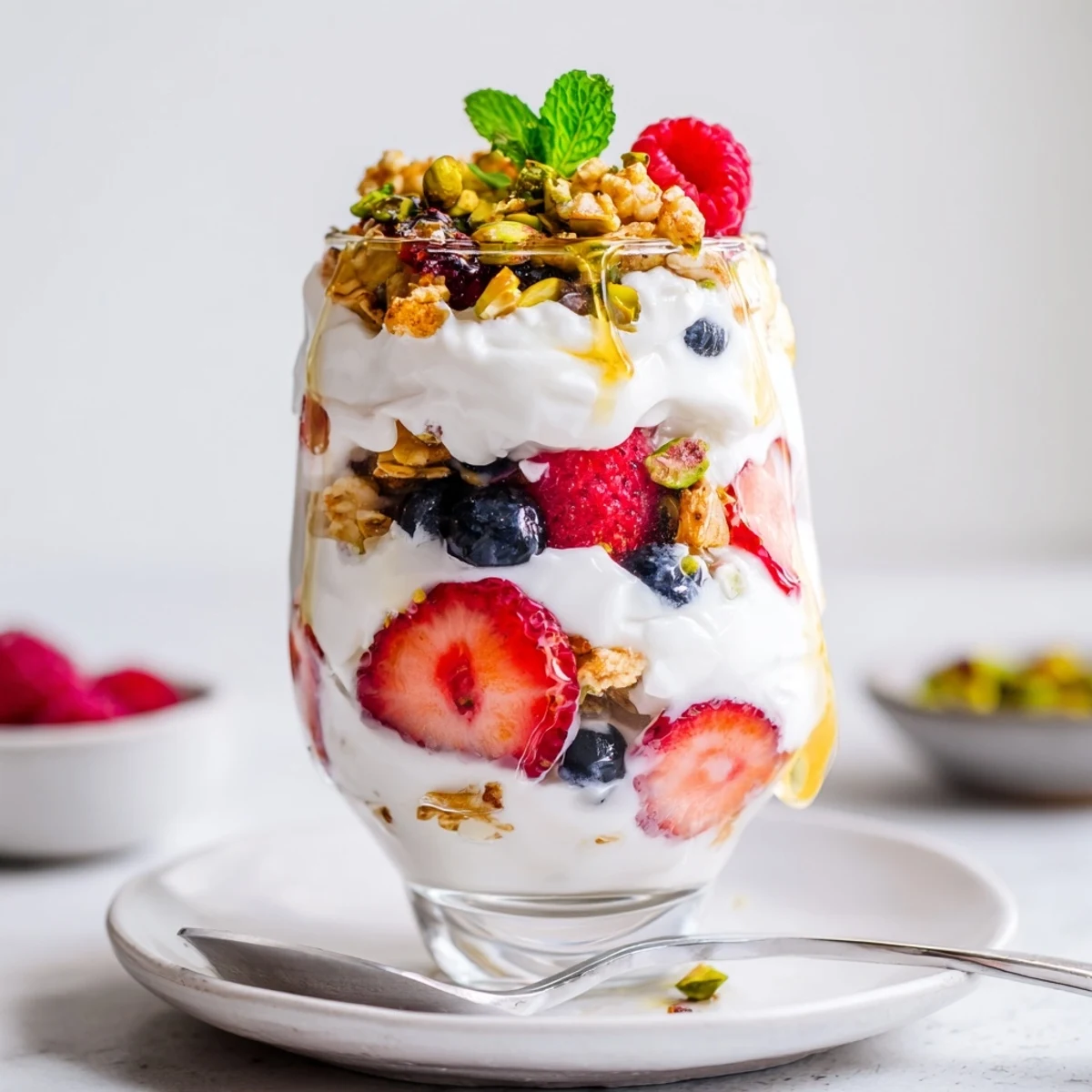 Served in a glass, Greek Yogurt Parfait topped with mint and chopped nuts