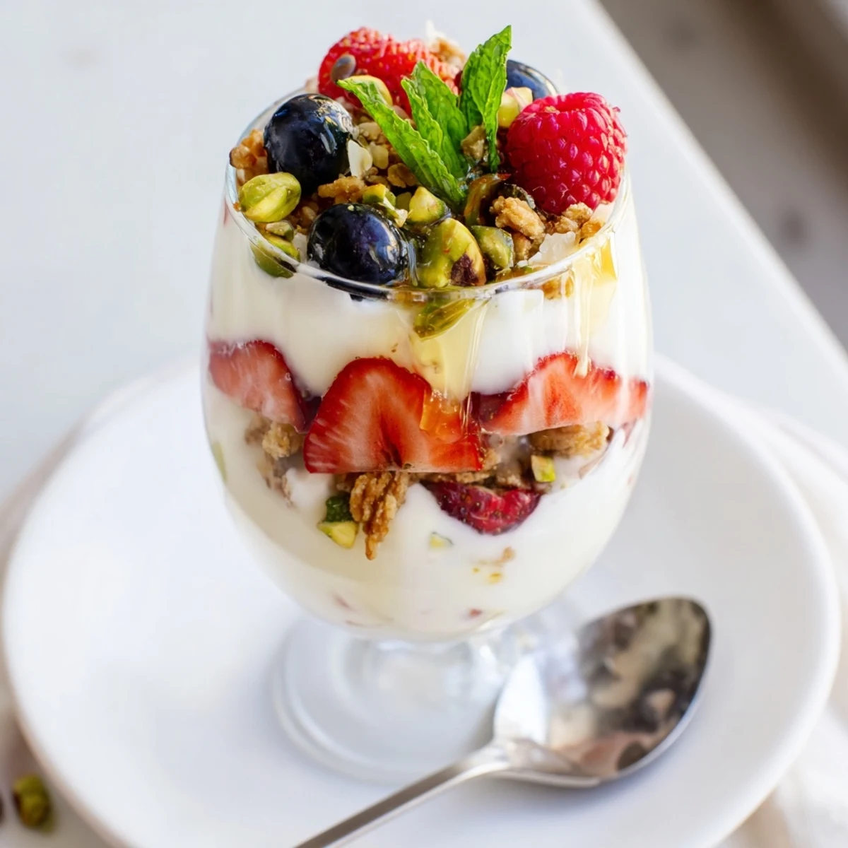 Bright Greek Yogurt Parfait with mixed berries, granola crunch, ideal breakfast treat