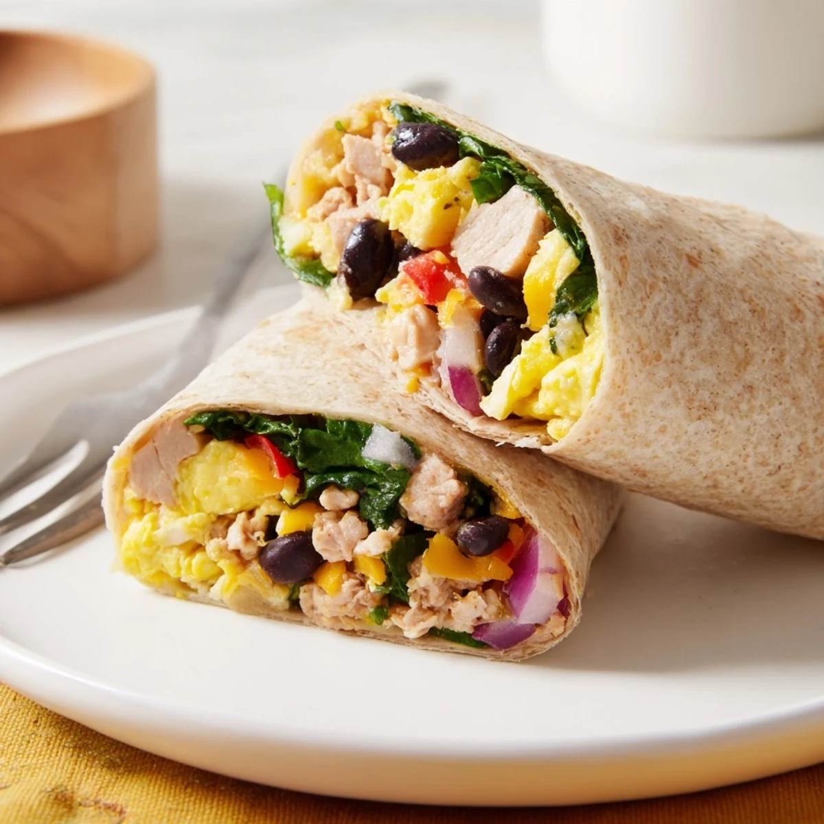 Warm Protein Breakfast Burrito sliced in half, revealing fluffy eggs and spinach.