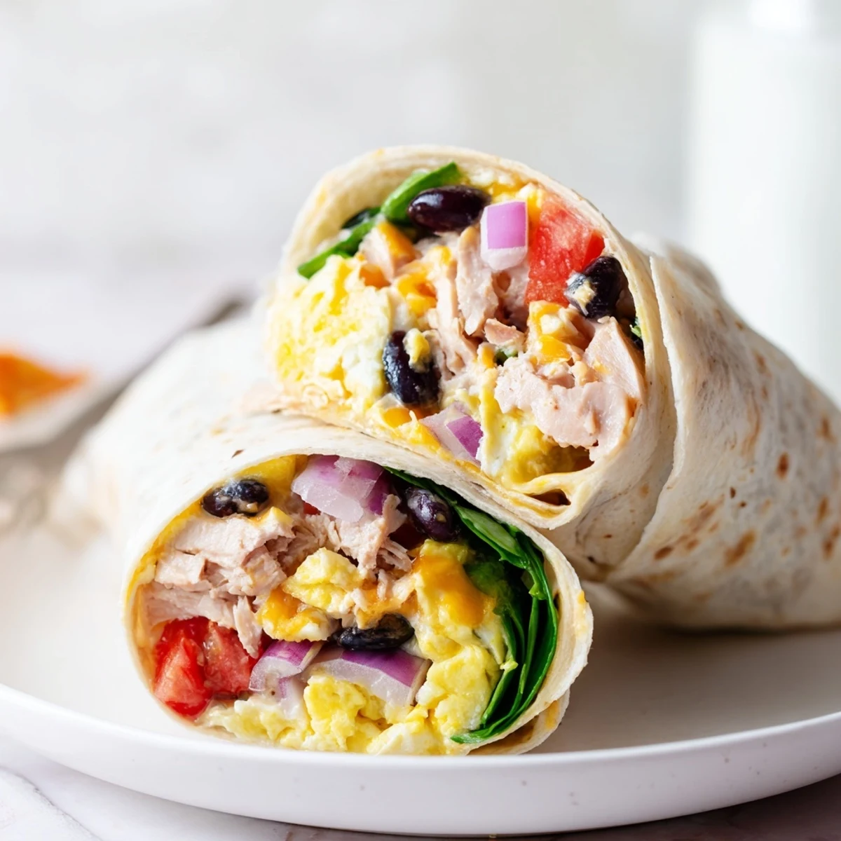 Protein Breakfast Burrito with melted cheddar, turkey, and sauteed peppers, served steaming.