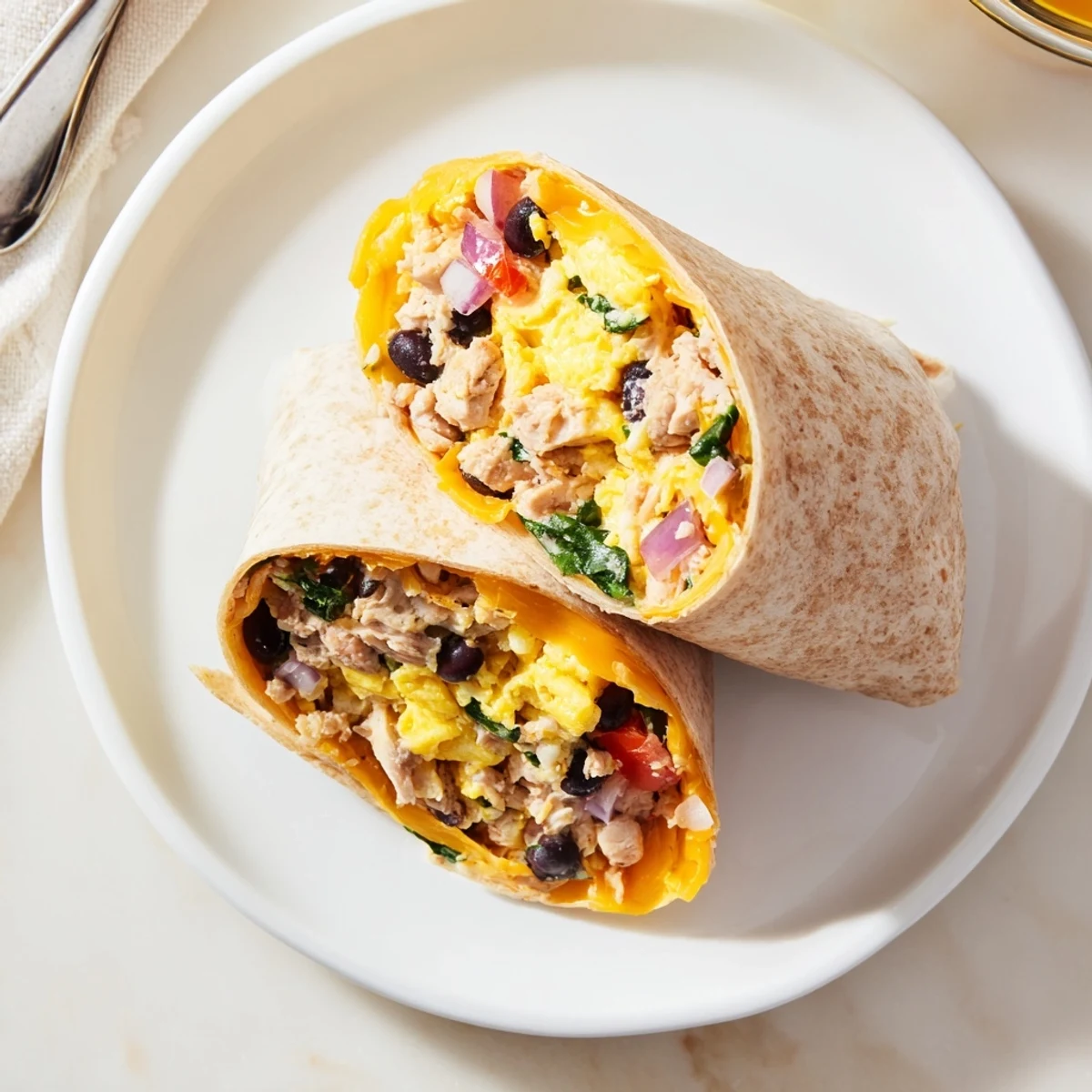 Crispy-grilled Protein Breakfast Burrito oozing cheddar, black beans, and fresh salsa.