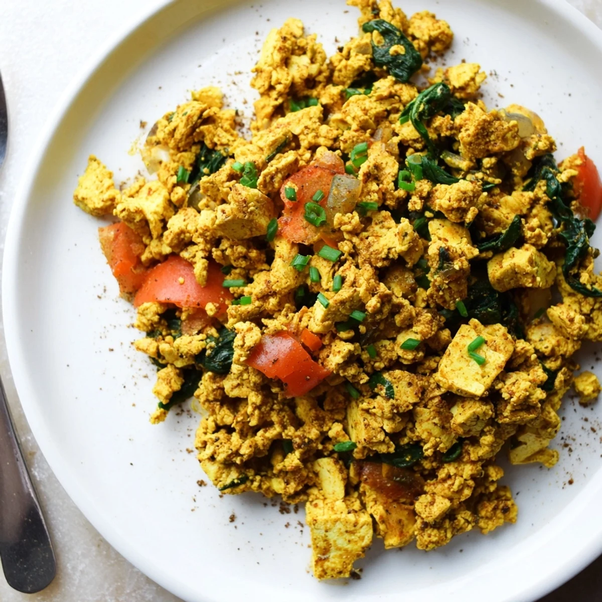 Hearty Tofu Scramble steaming on plate beside avocado toast and chives.