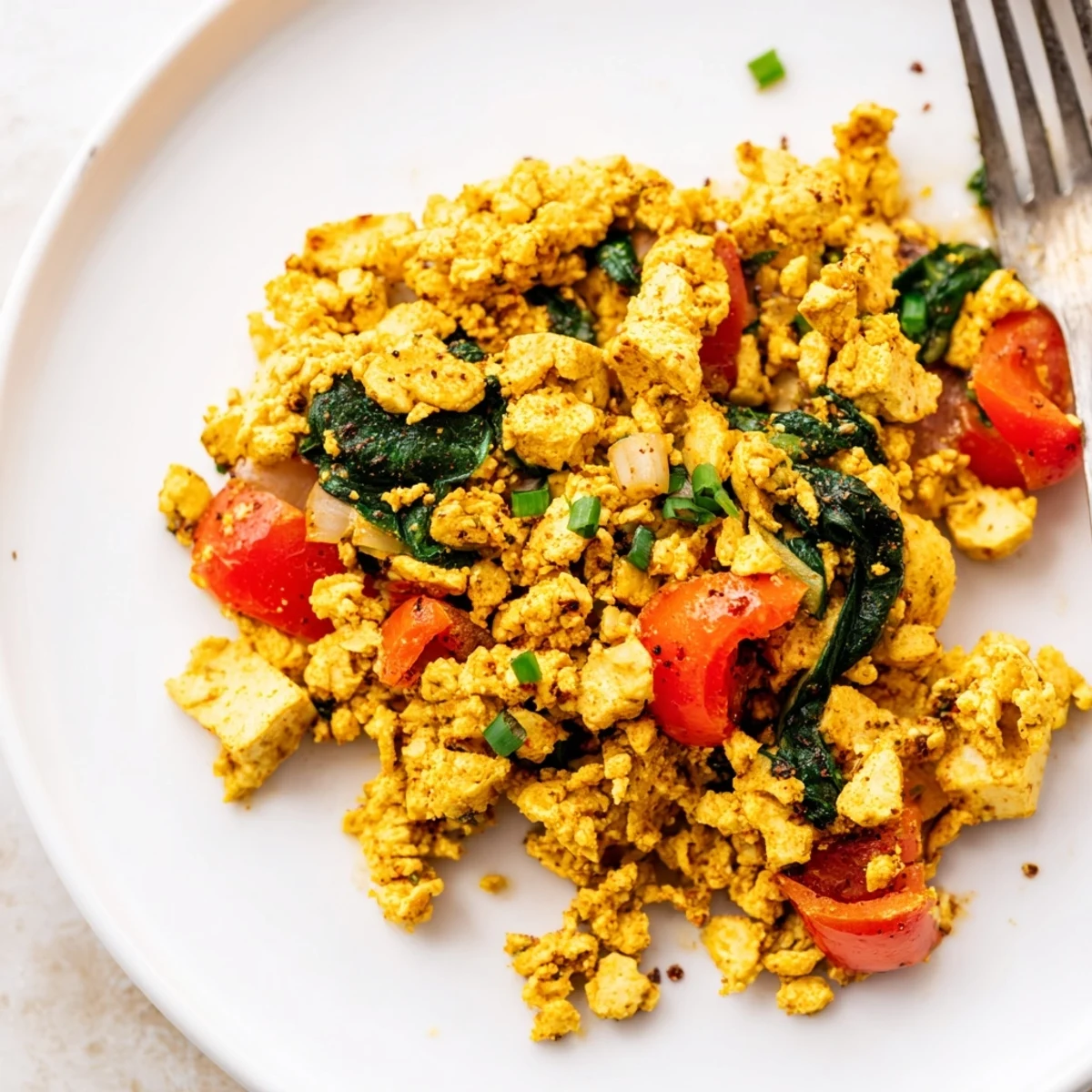 Tofu Scramble with golden turmeric, sauteed peppers and wilted spinach, served.
