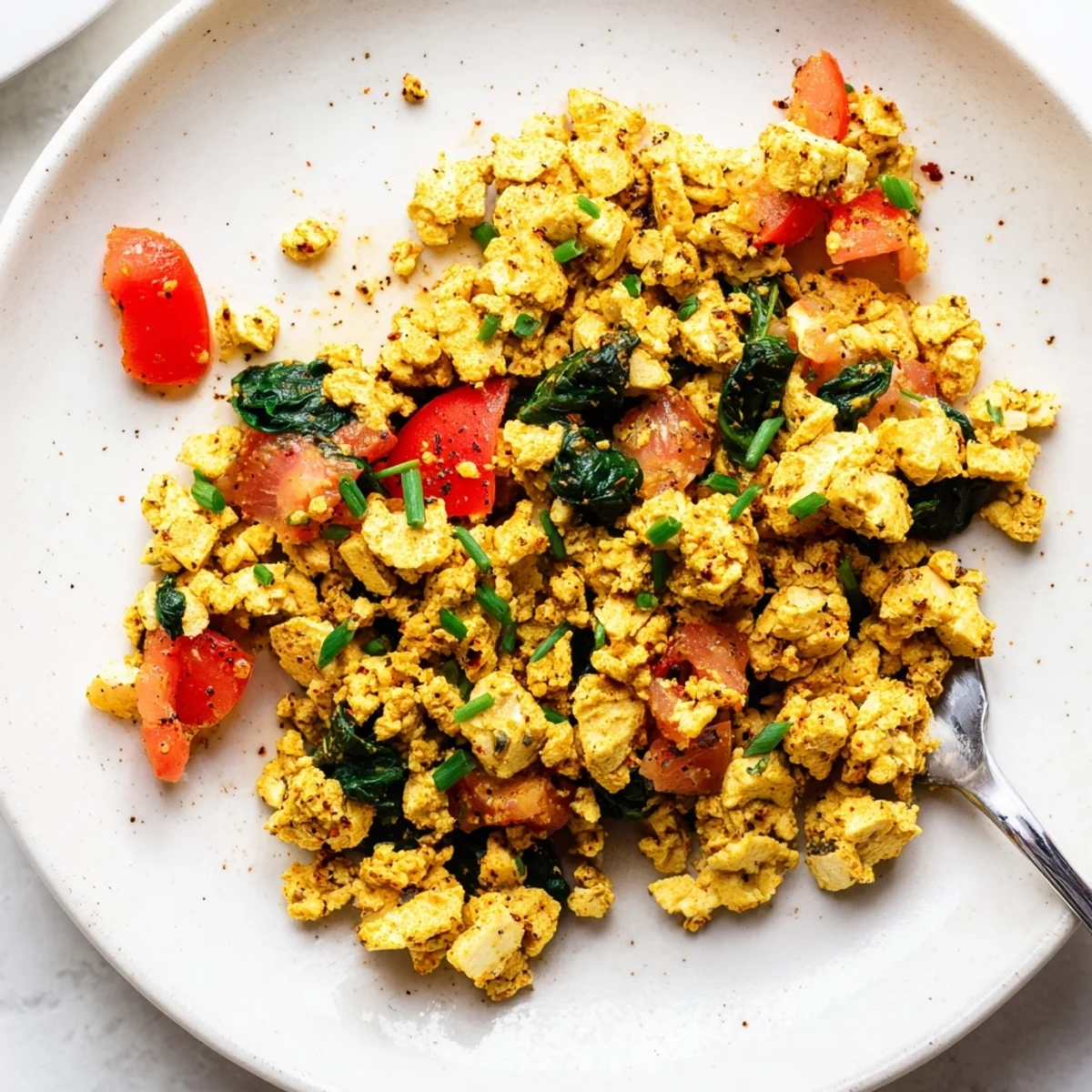 Skillet-cooked Tofu Scramble studded with tomatoes, cumin aroma, soft curds.