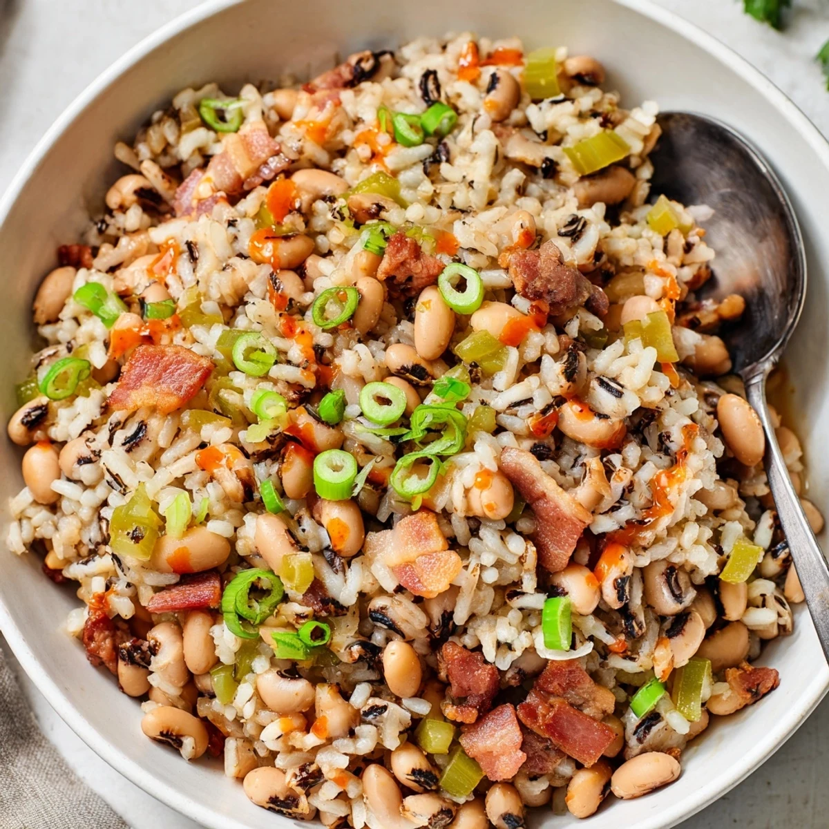 Bowl of Hearty Smoky Southern Hoppin John topped with sliced green onions  