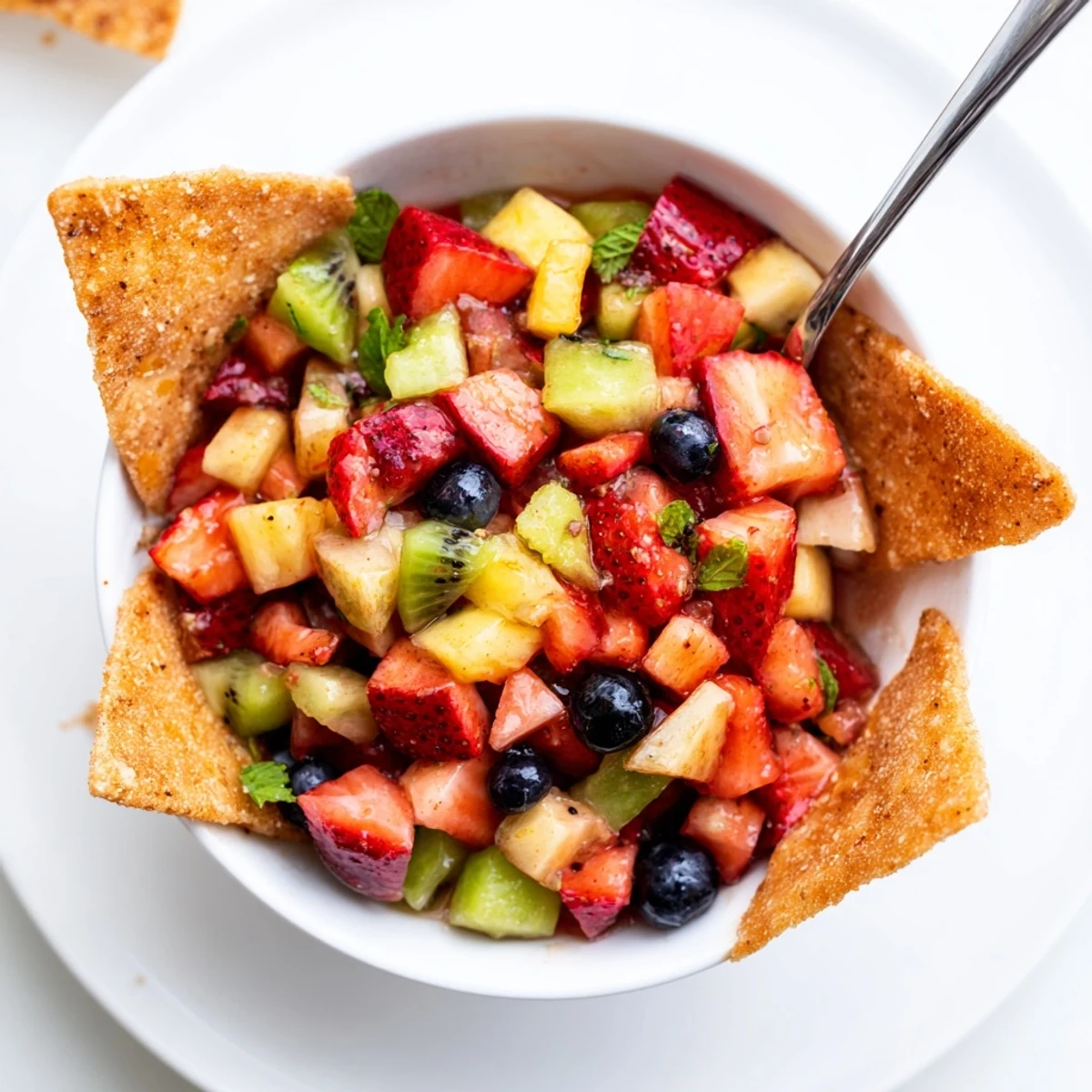 A bowl of Fruit Salsa With Cinnamon Sugar Tortilla Chips, juicy, cinnamon-scented