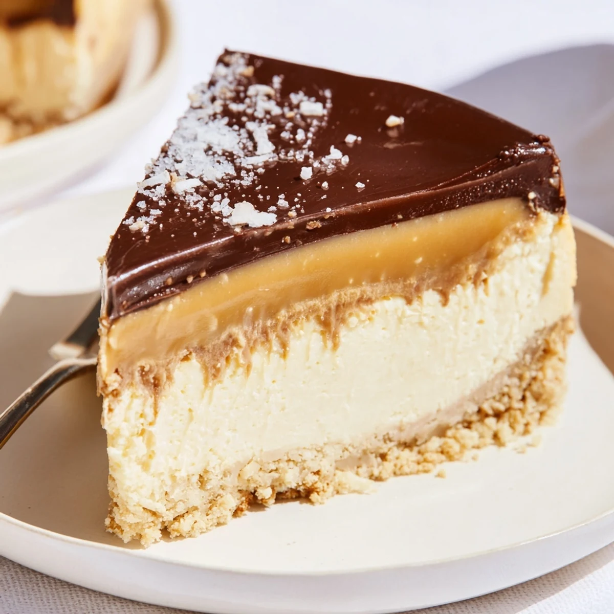 Luxurious Millionaire Cheesecake showing glossy chocolate ganache, caramel, and buttery base