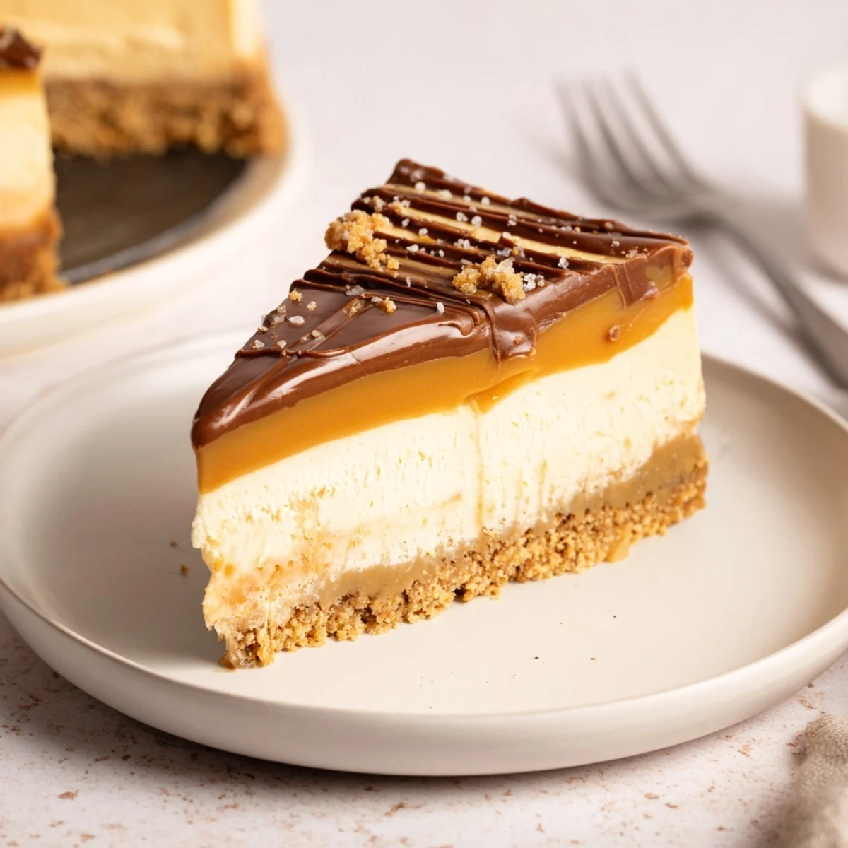 Slice of Luxurious Millionaire Cheesecake with silky caramel layer and crunchy base