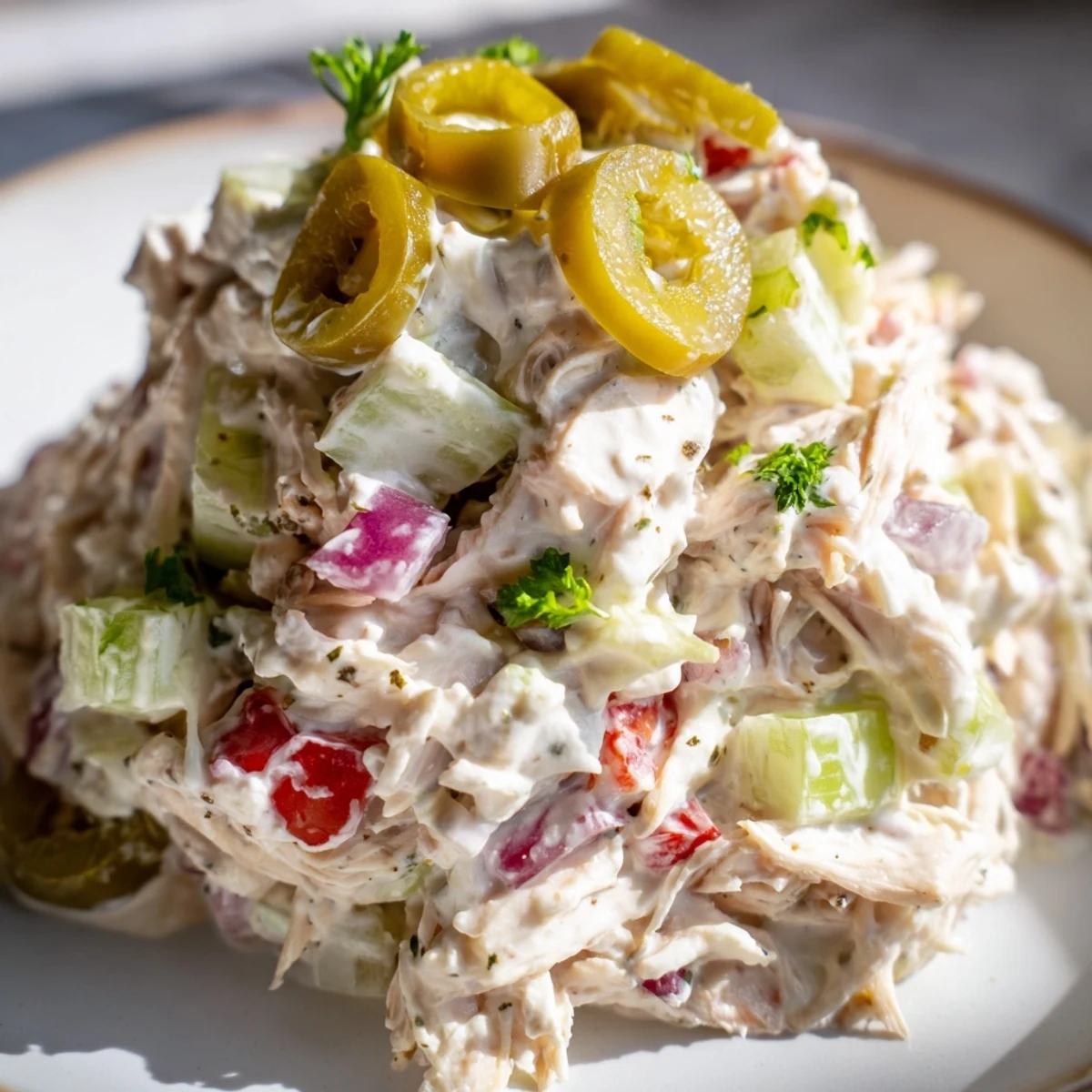 High Protein Pepperoncini Chicken Salad with tender shredded chicken, tangy peppers