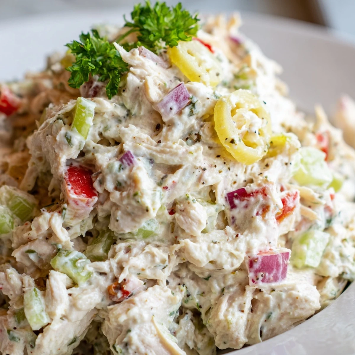 Bright, zesty High Protein Pepperoncini Chicken Salad served chilled over crisp greens