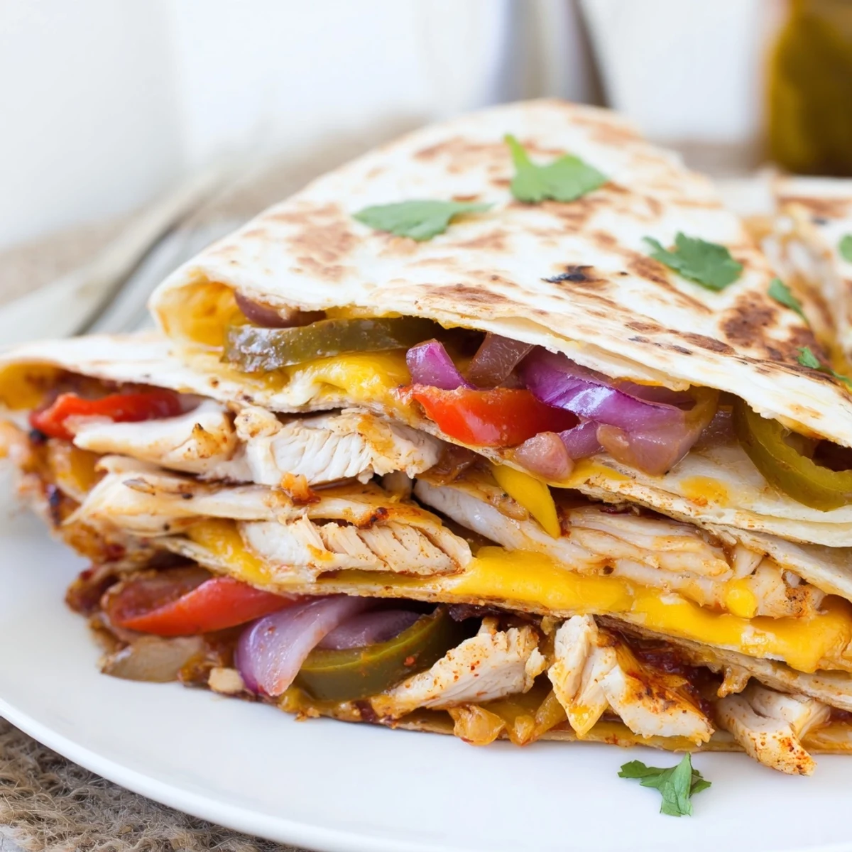 Warm Spicy Crispy Grilled Chicken Quesadilla wedges steaming beside guacamole and salsa