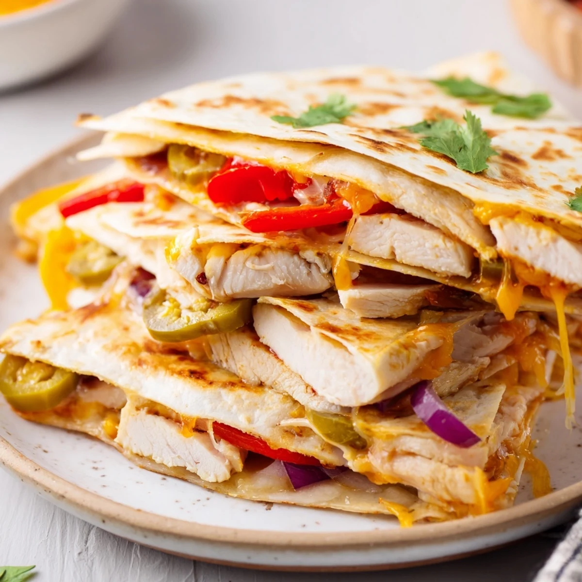 Spicy Crispy Grilled Chicken Quesadilla with melted Monterey Jack, golden crisp tortillas