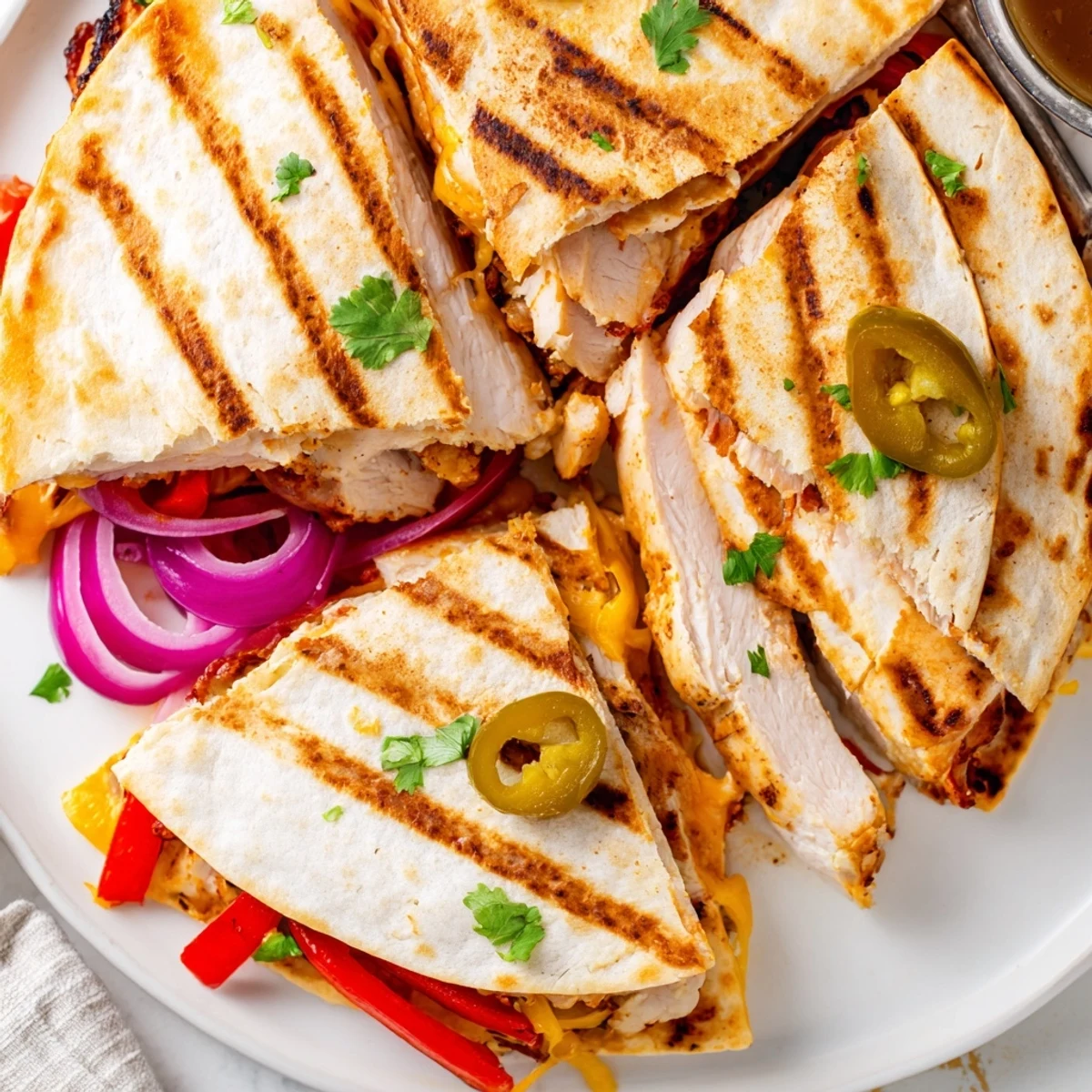 Cut Spicy Crispy Grilled Chicken Quesadilla showing smoky grill marks and gooey cheese