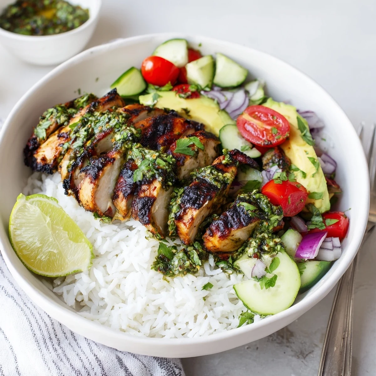 Chimichurri Grilled Chicken Bowl With Garlic Sauce over rice, topped with avocado  