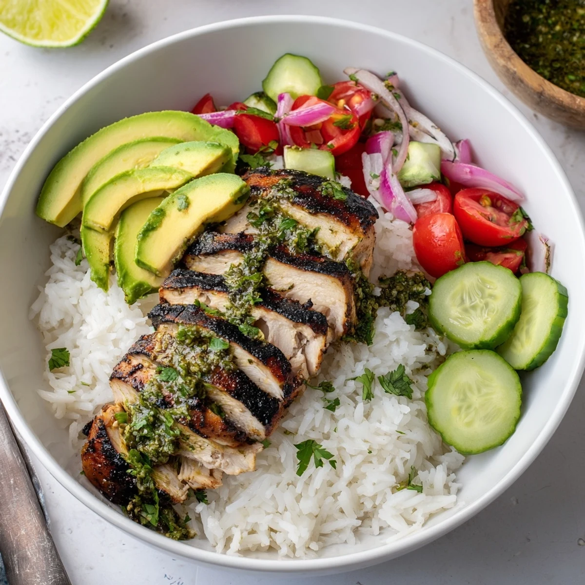 Zesty Chimichurri Grilled Chicken Bowl With Garlic Sauce, avocado, tomatoes, lime  