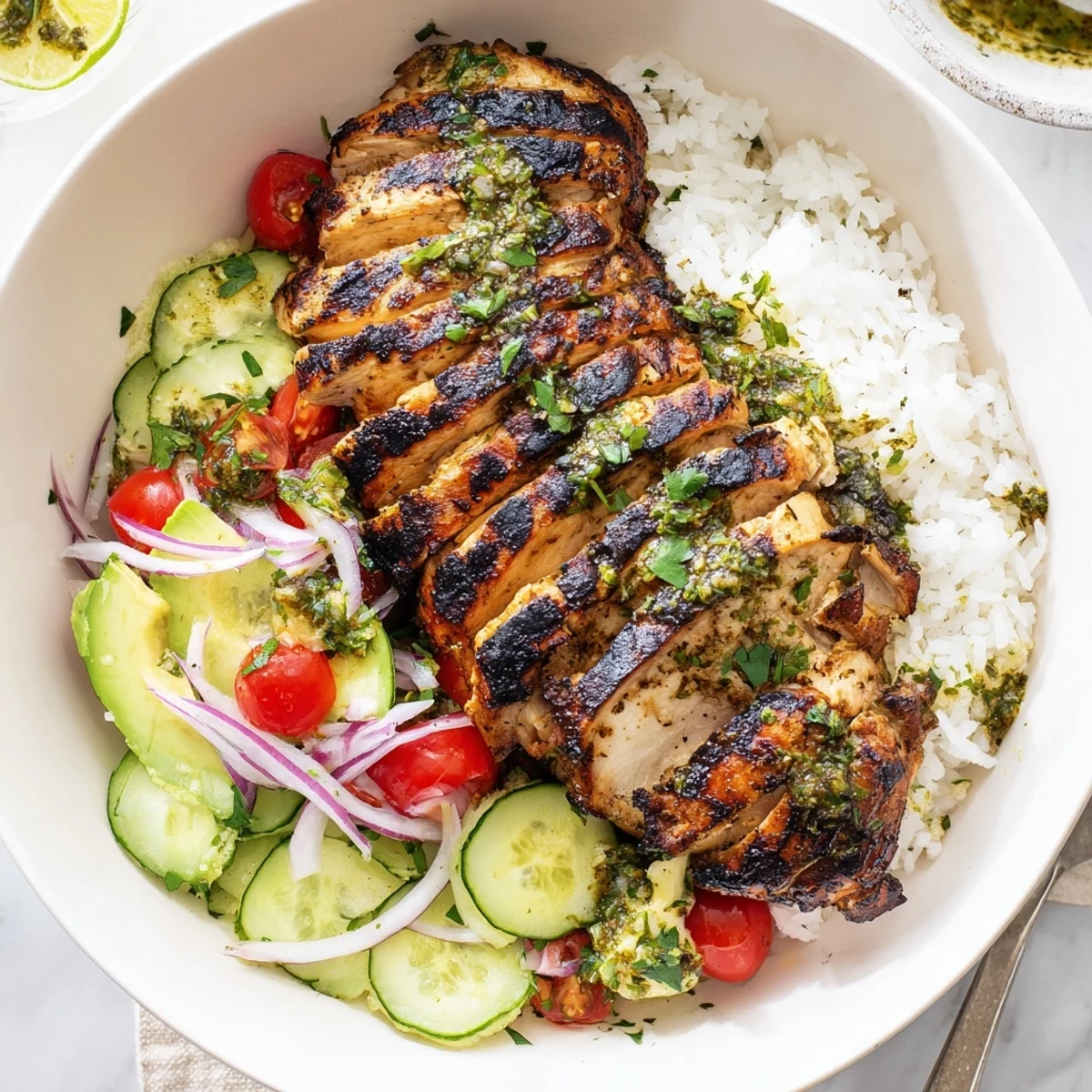 Charred, herb-forward Chimichurri Grilled Chicken Bowl With Garlic Sauce, creamy garlic drizzle