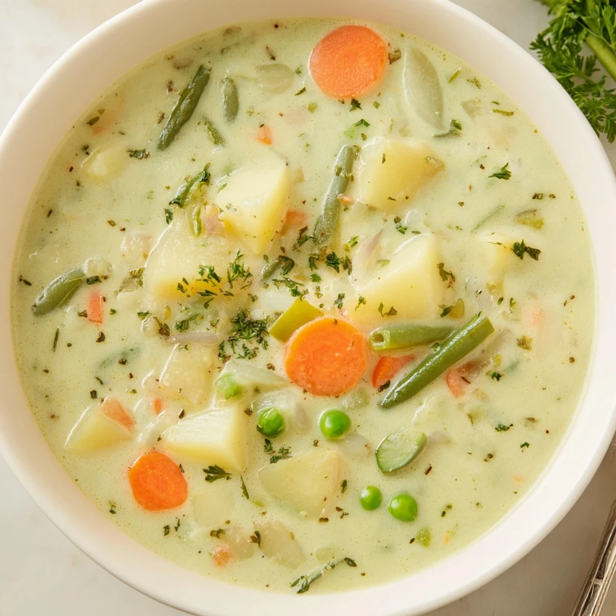 Creamy Vegetable Soup steaming in bowls with parsley garnish and crusty bread