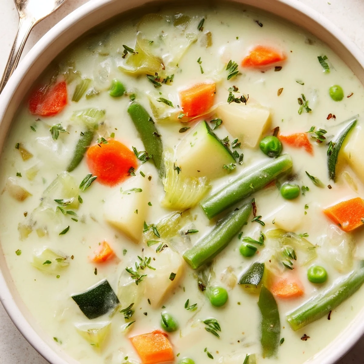 Comforting Creamy Vegetable Soup ladled into bowls for cool evening meals