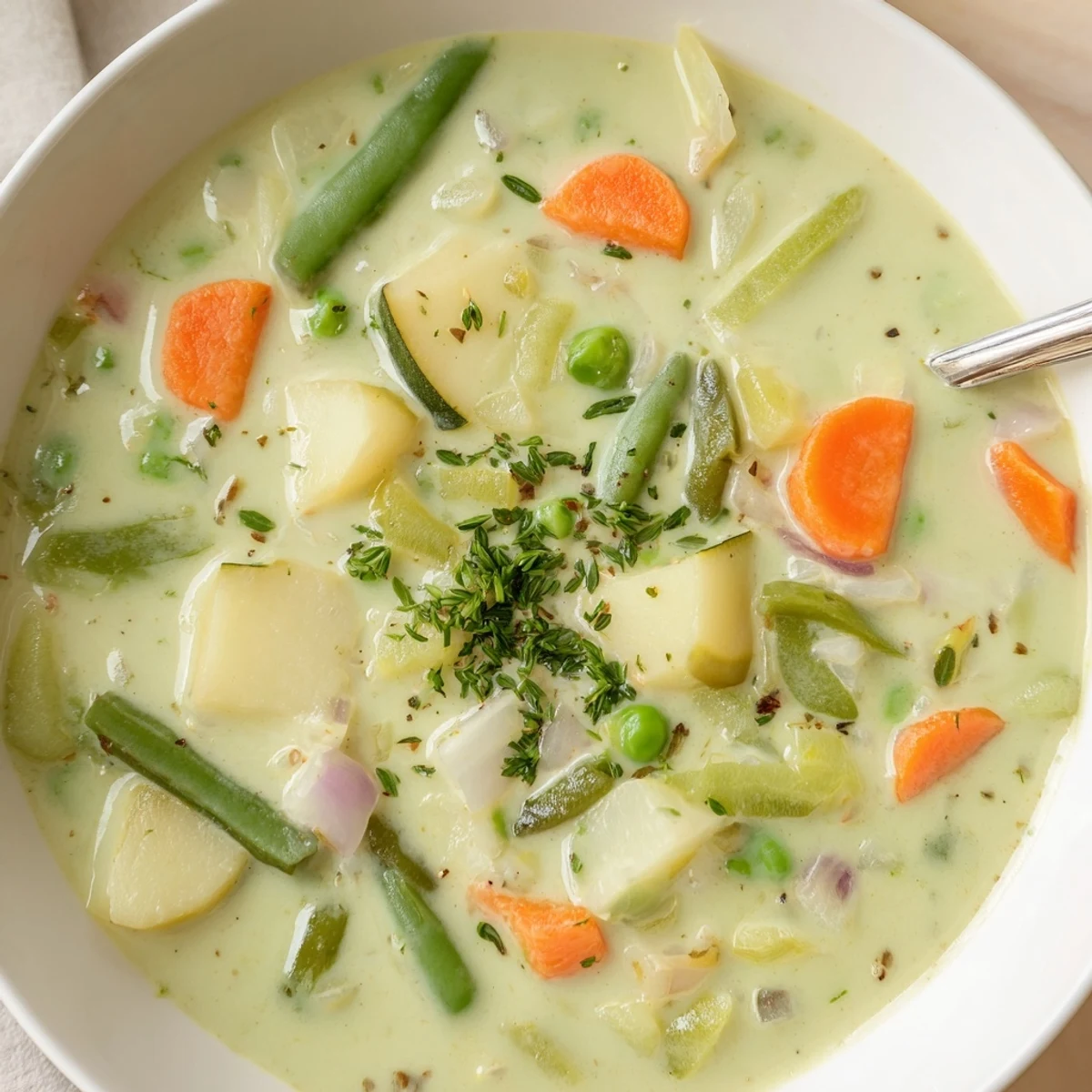 Warm Creamy Vegetable Soup recipe, velvety smooth and topped with parsley