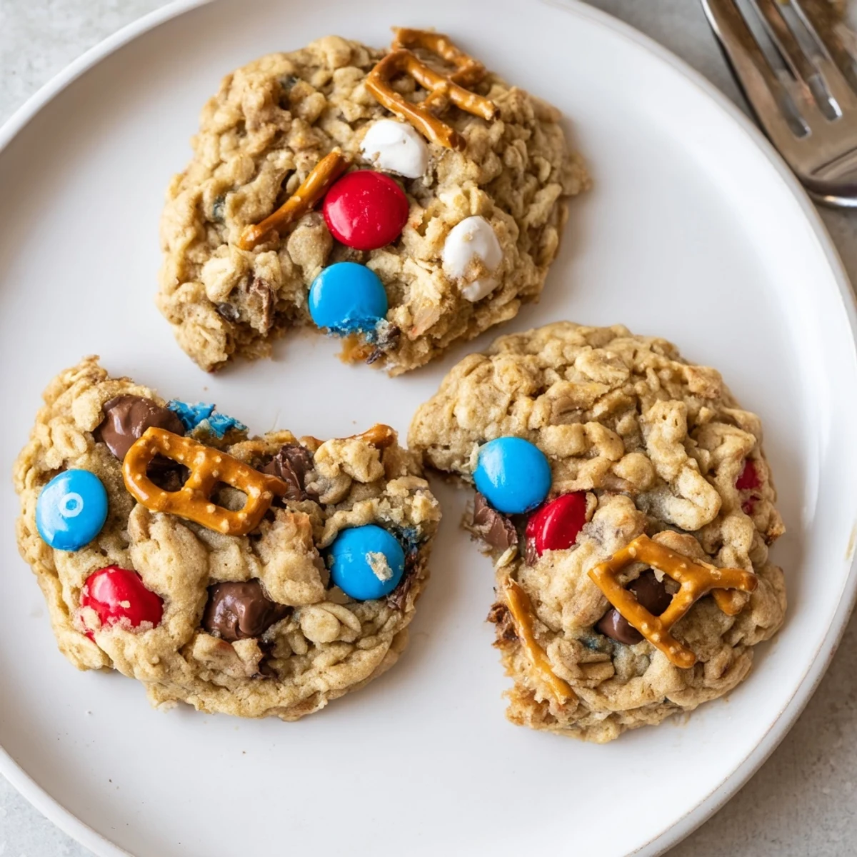 Chewy Patriotic Monster Cookies Recipe studded with red, white, and blue candies