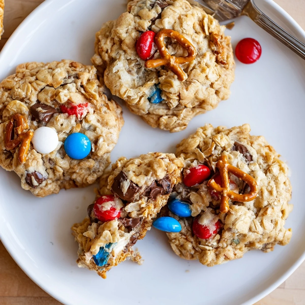 Fresh-baked Patriotic Monster Cookies Recipe on platter, perfect for summer celebrations