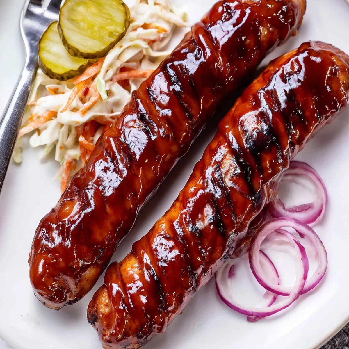 Smoky casings glisten as BBQ Sausage Recipe is brushed, served with baked beans