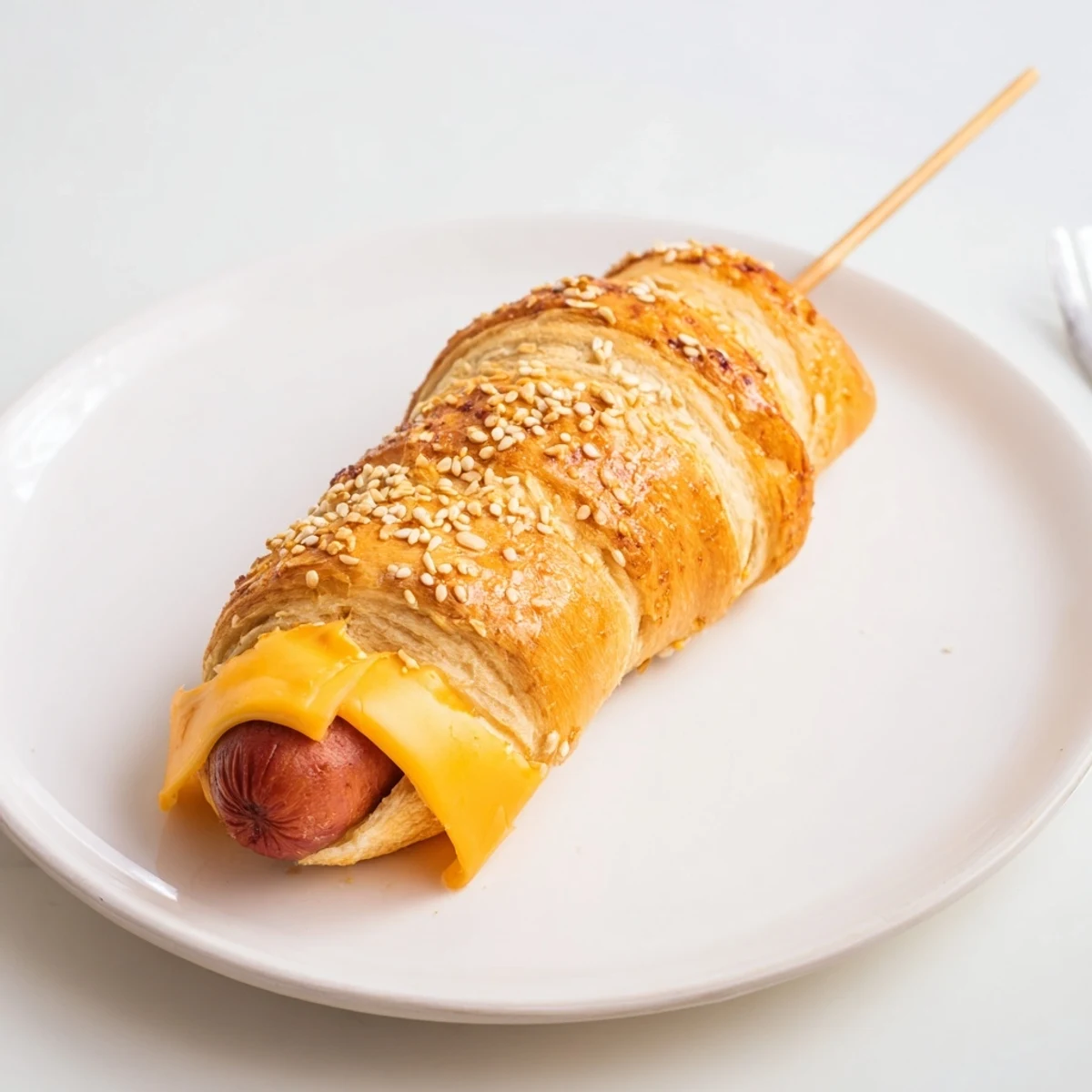 Golden, butter-brushed Firecracker Hot Dogs Recipe on skewers, ready for dipping